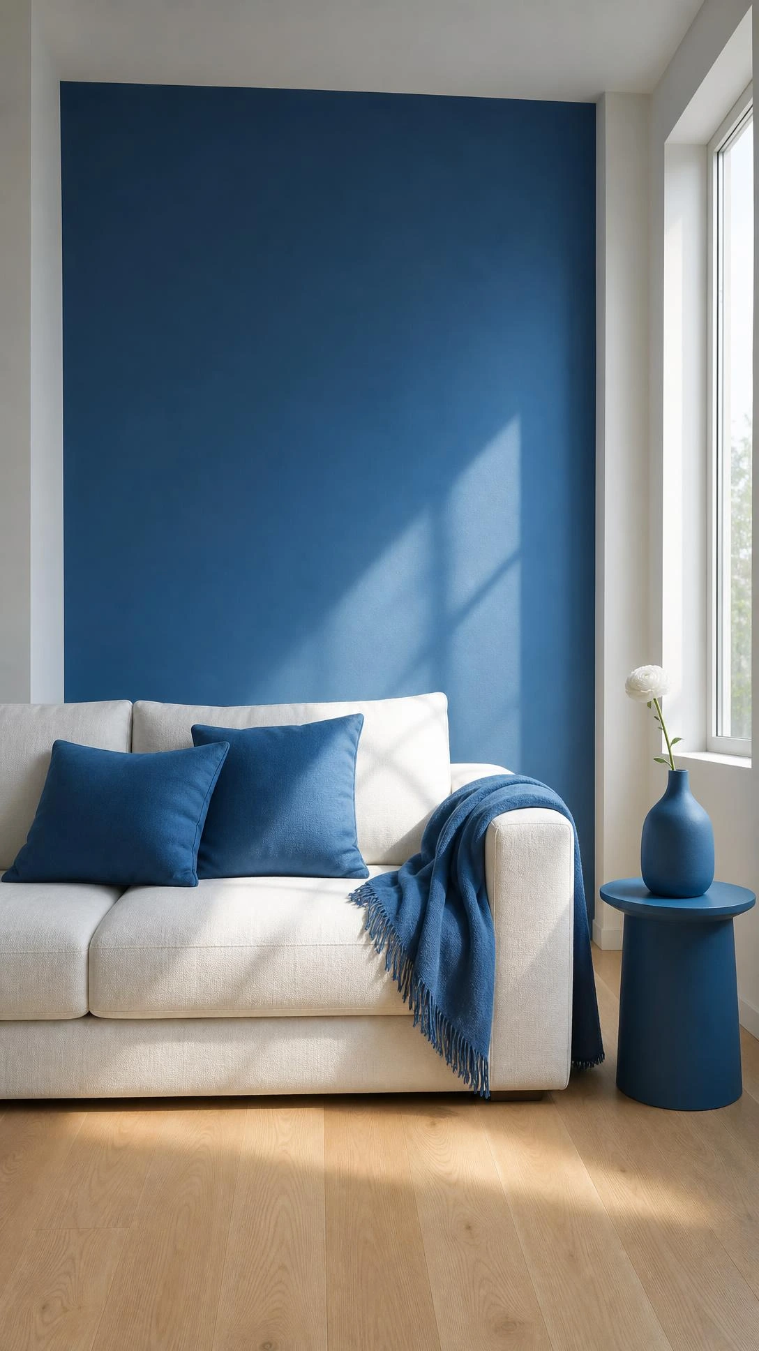 Minimalist living room with cerulean blue repeated across the wall, sofa cushions, and ceramic vase for cohesive anchor color styling