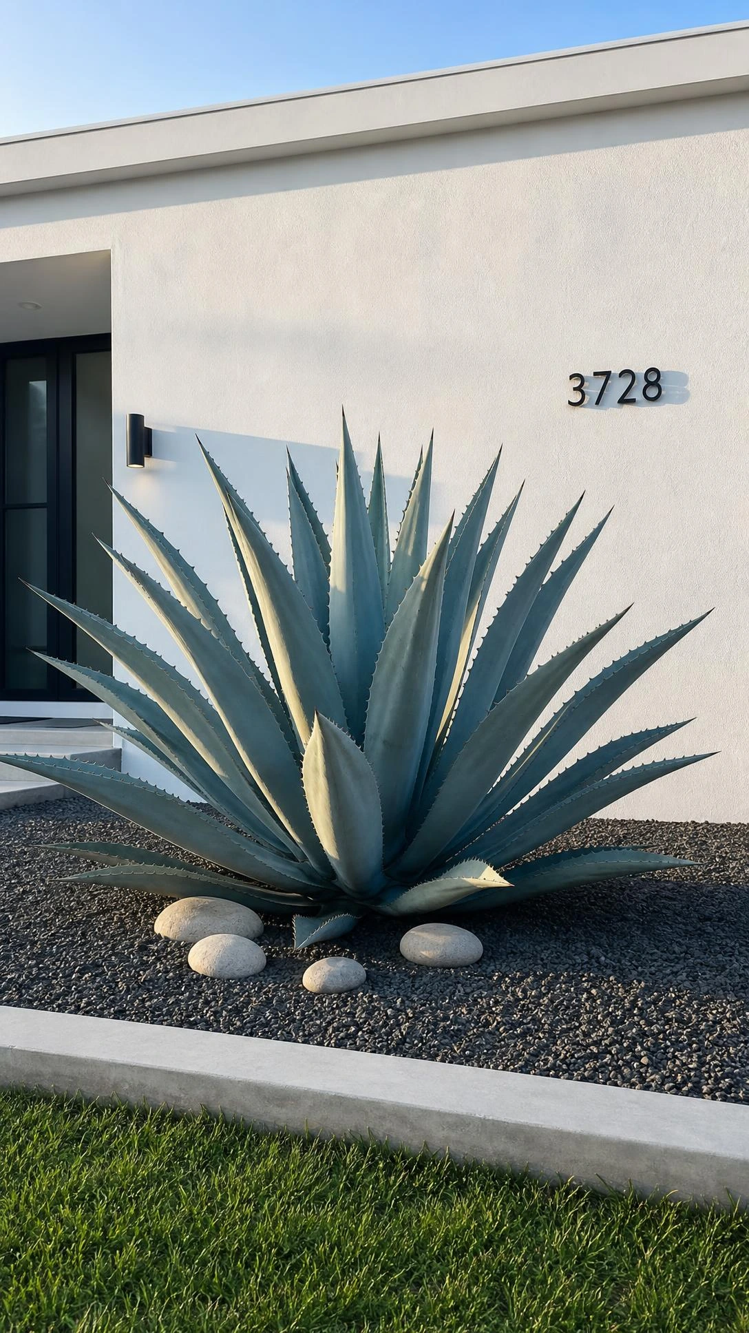 Single blue agave with sharp geometric rosette rising from a dark decomposed granite raised bed — minimal front yard landscaping focal point that reads as intentional design
