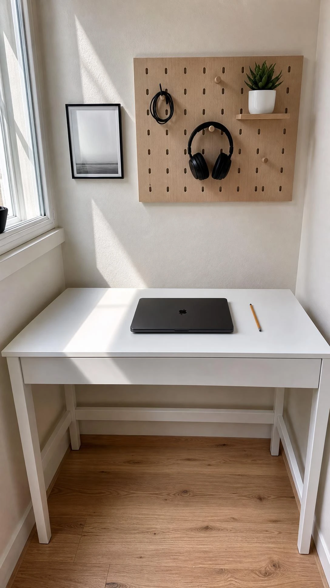 A compact white wood desk in a small home office corner holds only a closed matte black laptop and one sharpened pencil, proving the one clear surface rule works