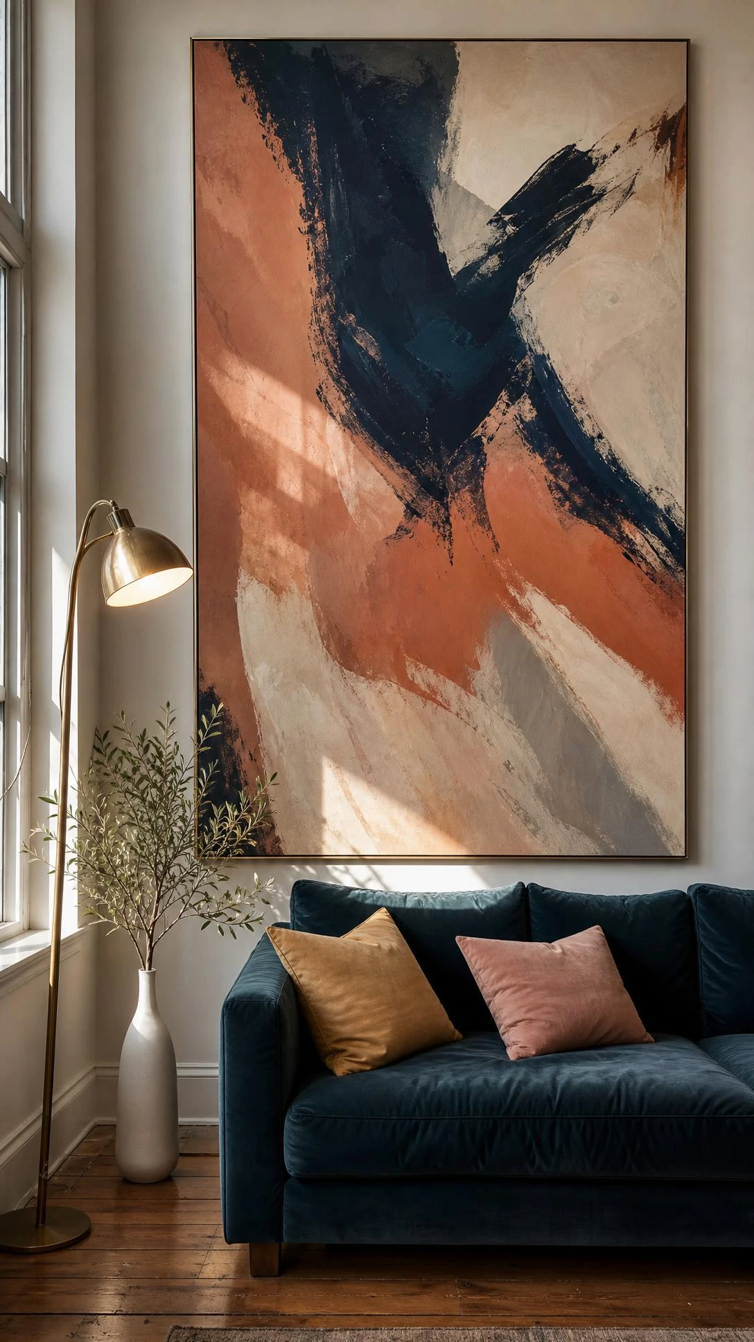 Oversized abstract canvas in navy, terracotta, and ivory anchoring a white drawing room wall — proving large-scale wall art creates instant luxury without a mansion-sized budget