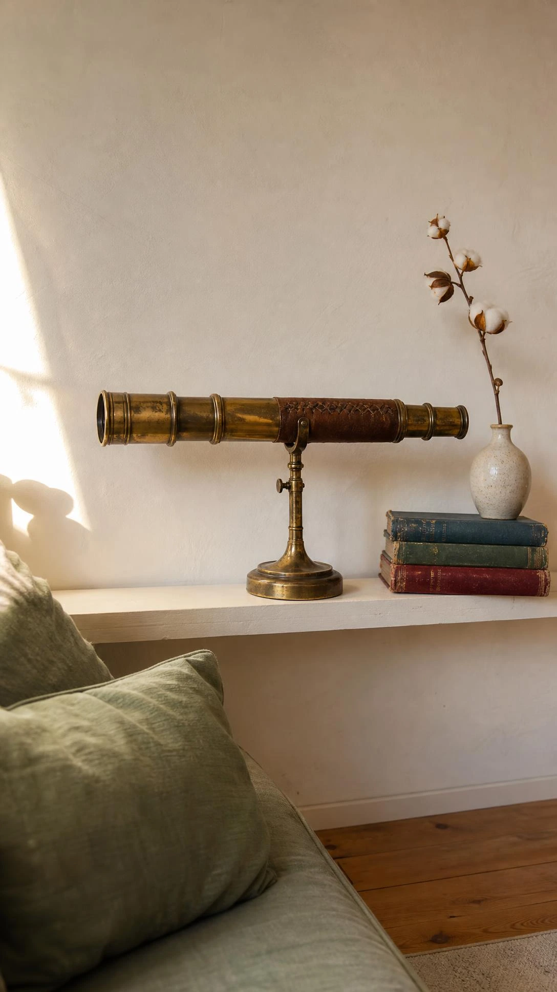 Vintage brass telescope with antique patina mounted on a white painted wood shelf, serving as the unexpected personal element that gives this chic living room its character