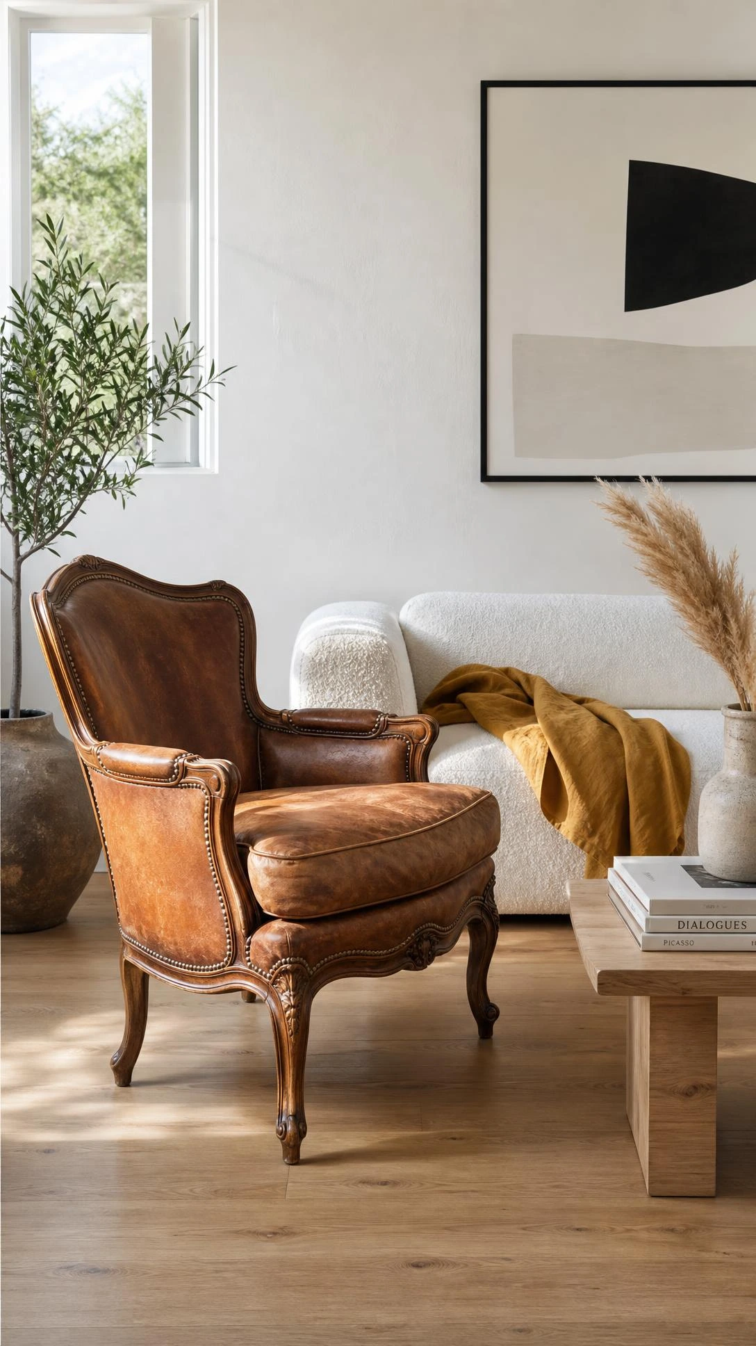 Ornate vintage armchair with carved legs and cognac leather anchoring a modern living room with boucle sofa and oak coffee table