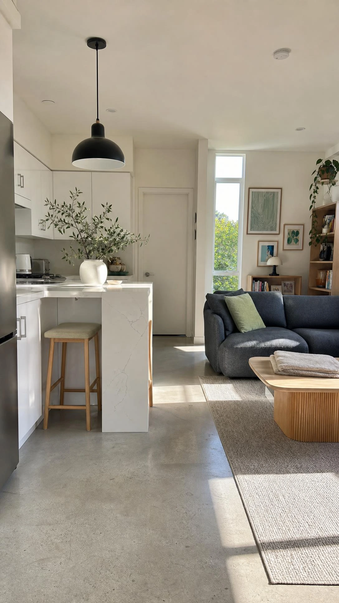 Compact open-concept kitchen and living area under 1000 square feet with polished concrete floors and clean white ceiling showing smart small house plans in action