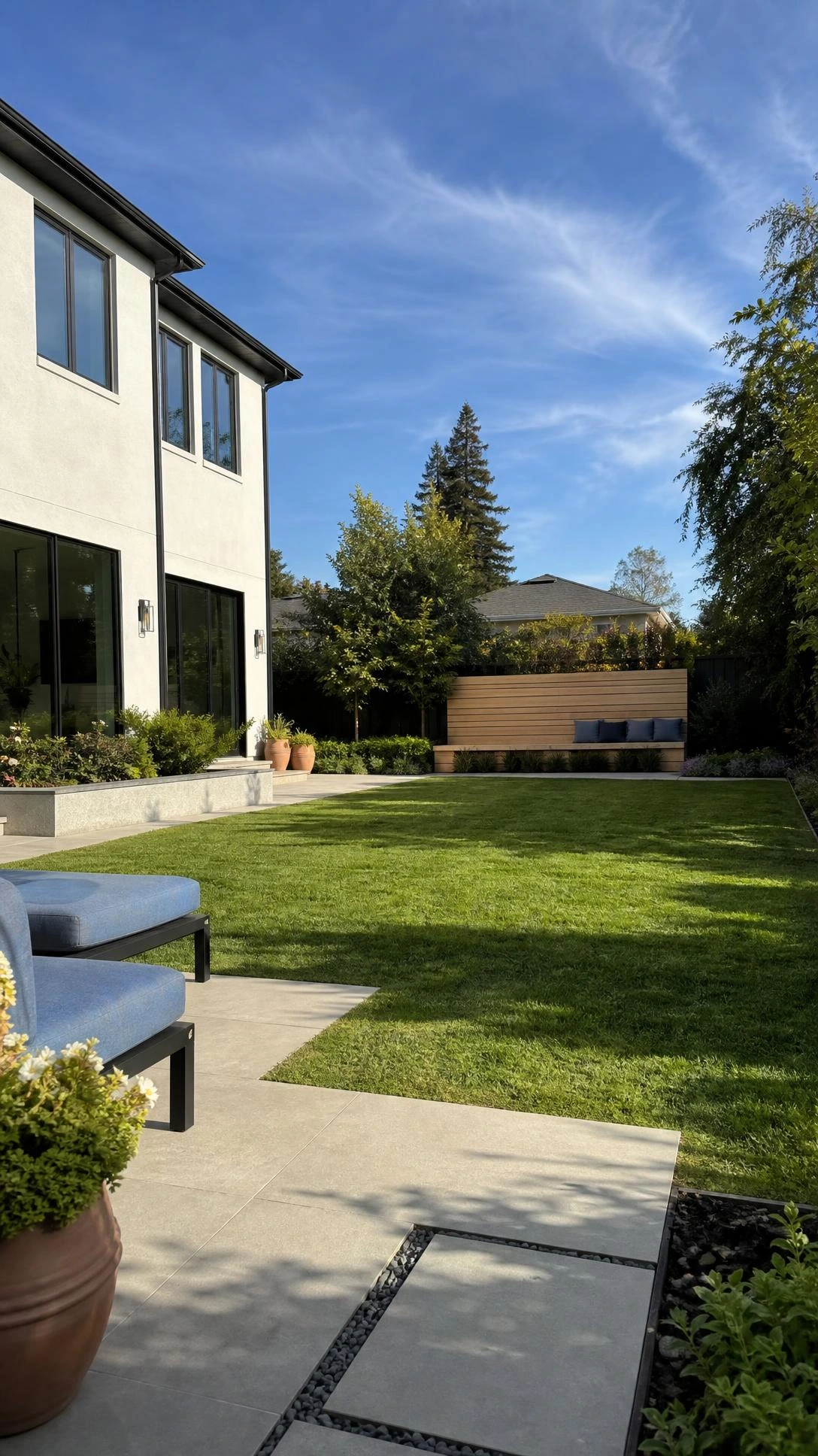 Modern landscape design with a broad open central lawn, low planting beds, and edge-set patio zones that make the backyard feel airy.