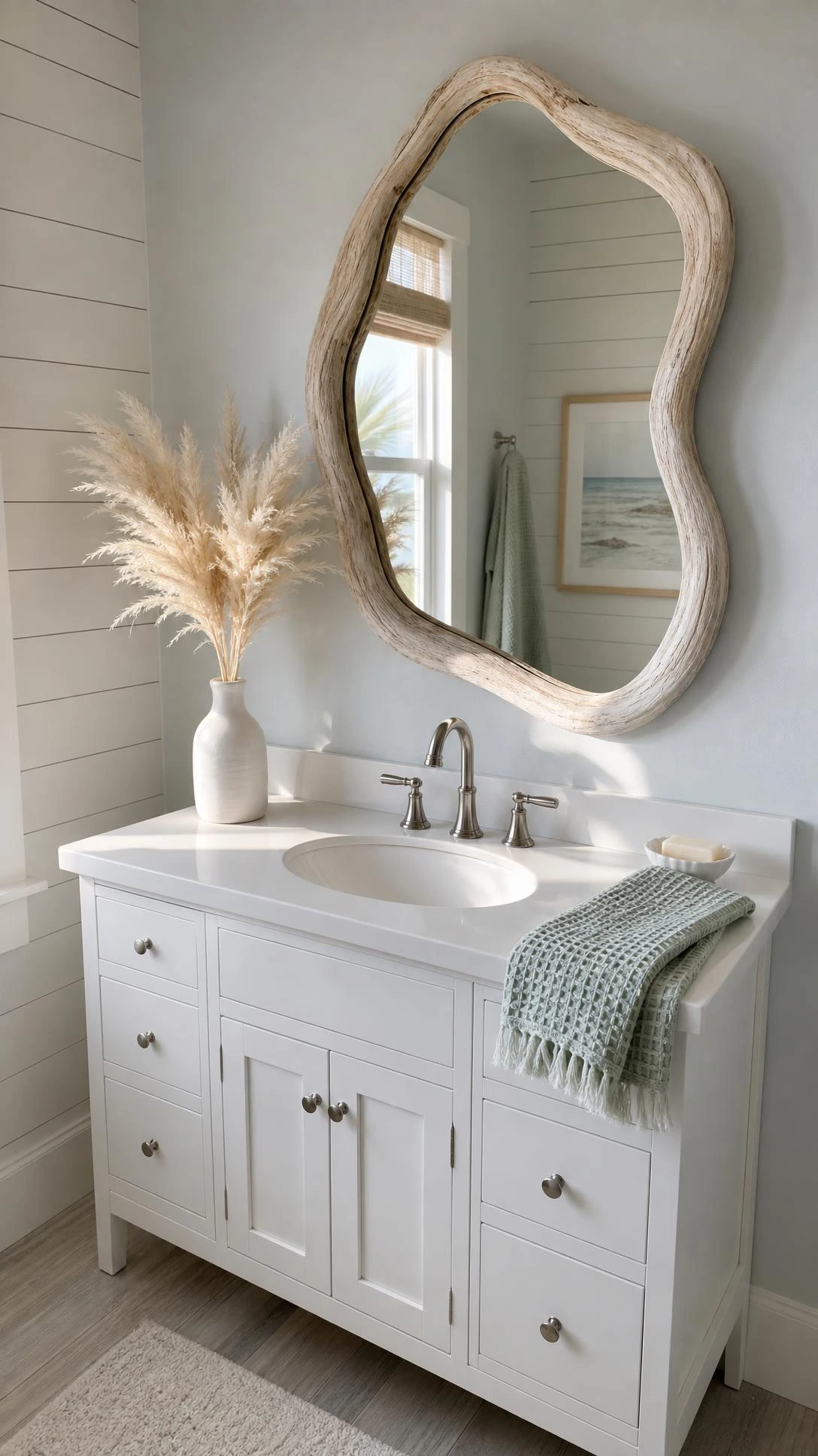 Organic-shaped mirror with whitewashed driftwood frame mounted above a white coastal bathroom vanity, creating an expensive-looking focal point without renovation