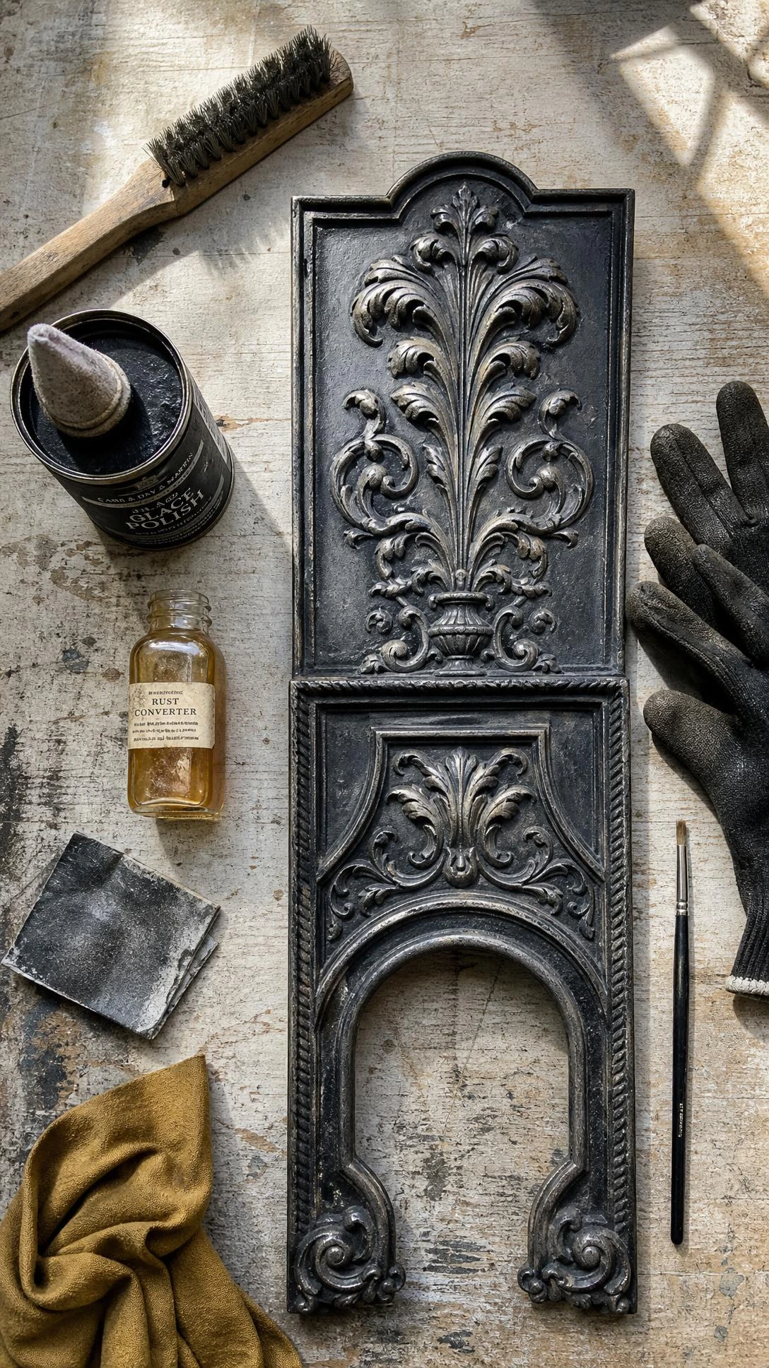 Overhead flat lay of a Victorian cast iron fireplace panel with ornate scrollwork on a worn workbench surrounded by restoration tools