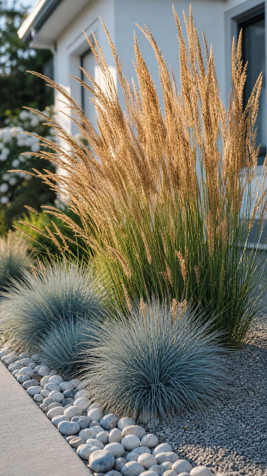 Karl Foerster feather reed grass with golden-bronze plumes rising in vertical columns beside blue oat grass in a minimal front yard garden bed, bathed in warm morning light