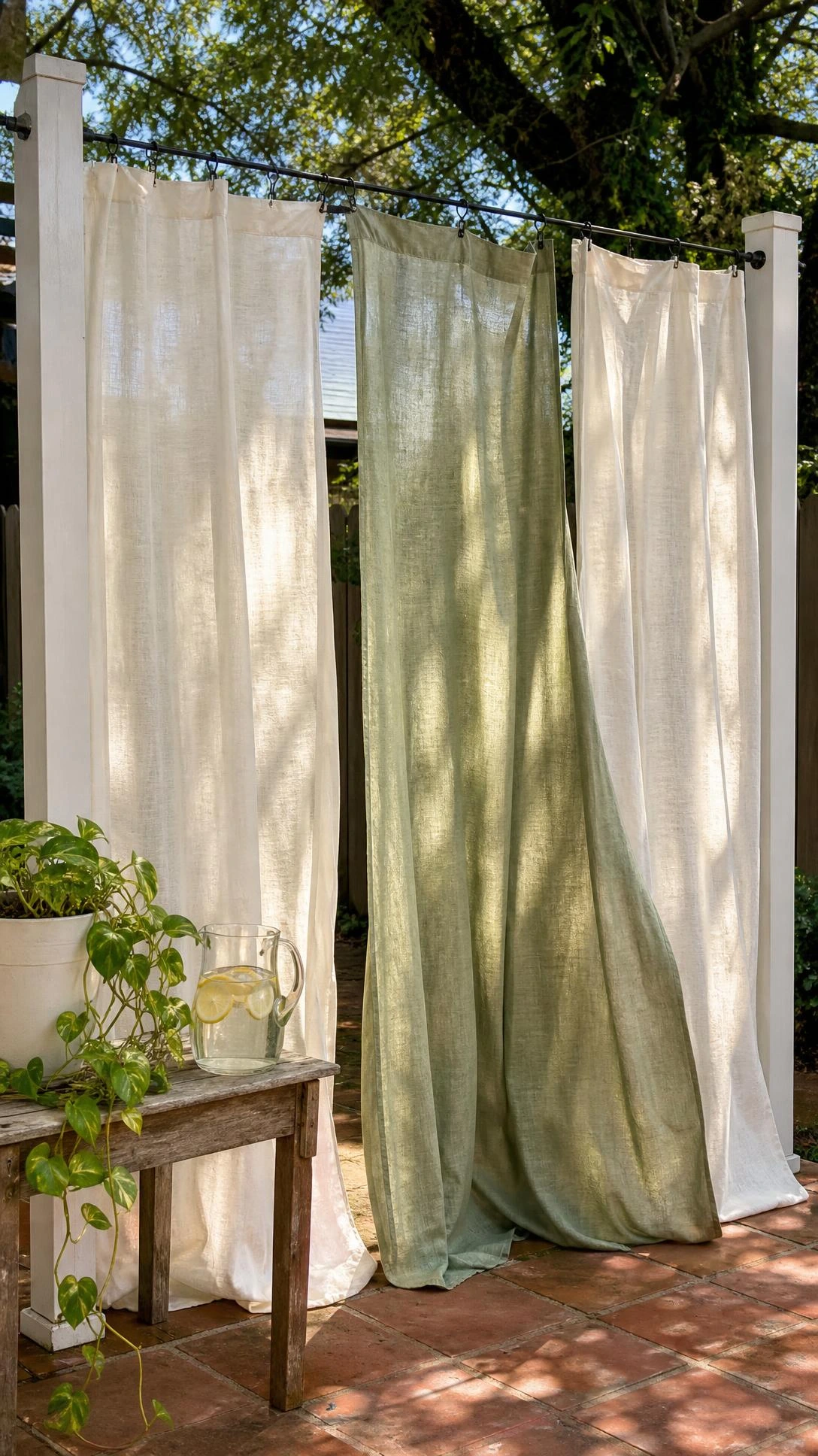 Ivory and sage green linen outdoor curtains hanging from a simple wire strung between white wooden posts, creating effortless patio privacy