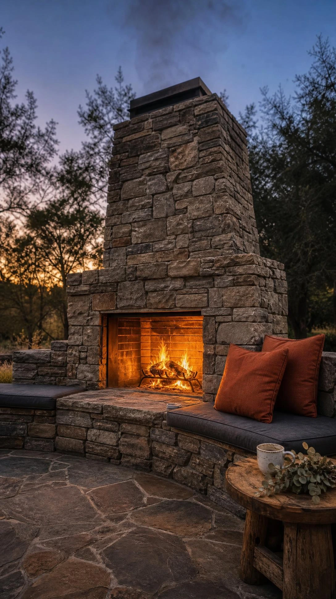 DIY outdoor fireplace built from stacked fieldstone with a full wraparound built-in stone seating surround glowing in golden hour light