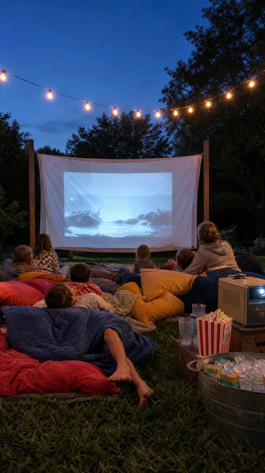 Twilight backyard movie night with glowing projector screen hung between wooden posts, kids and adults nestled in colorful cushions and sleeping bags on grass