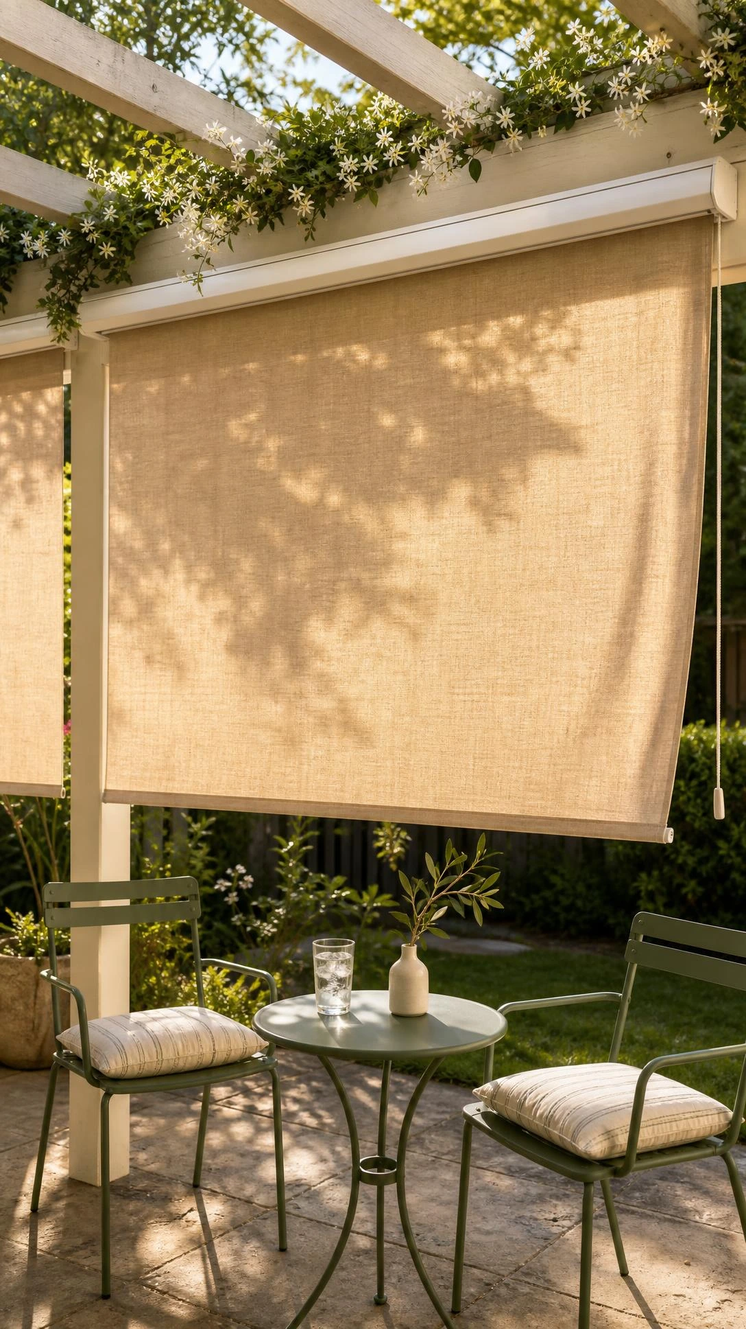 Outdoor roller blinds in sandy linen fabric partially lowered on a whitewashed pergola with climbing jasmine, adding instant patio privacy without a full renovation