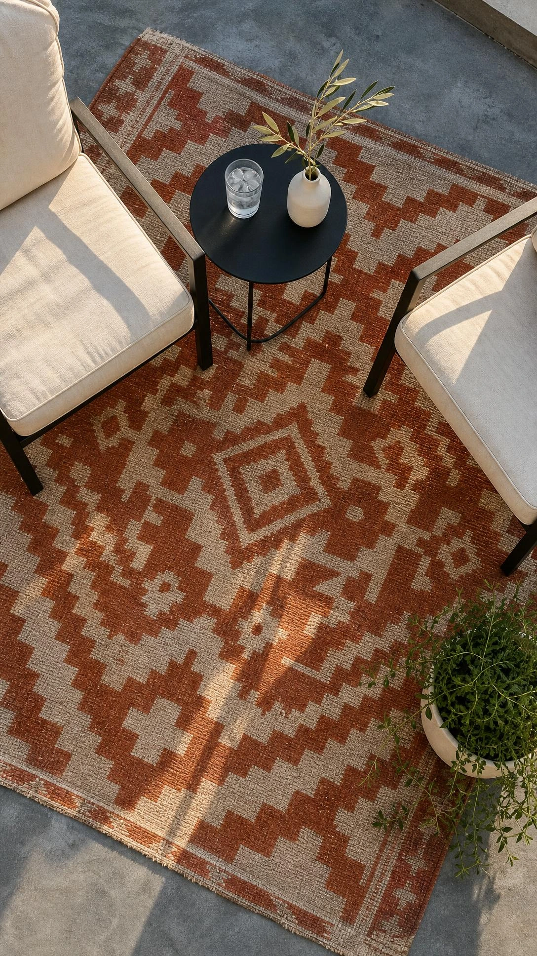 Overhead flat lay of a small rooftop terrace seating zone anchored by a bold terracotta and cream geometric outdoor rug with two low cream linen chairs