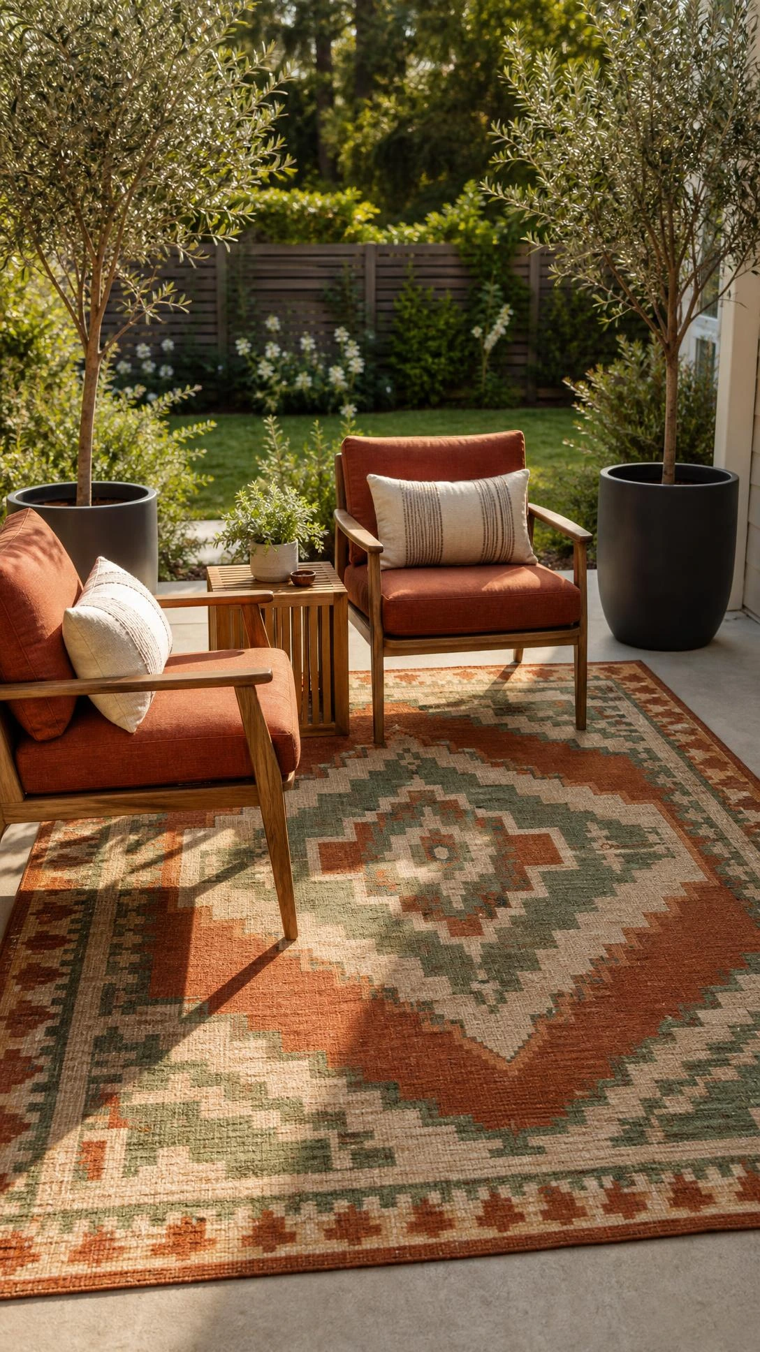 Terracotta and sage geometric outdoor rug defining a concrete patio seating zone, showing how patio privacy ideas start from the ground up
