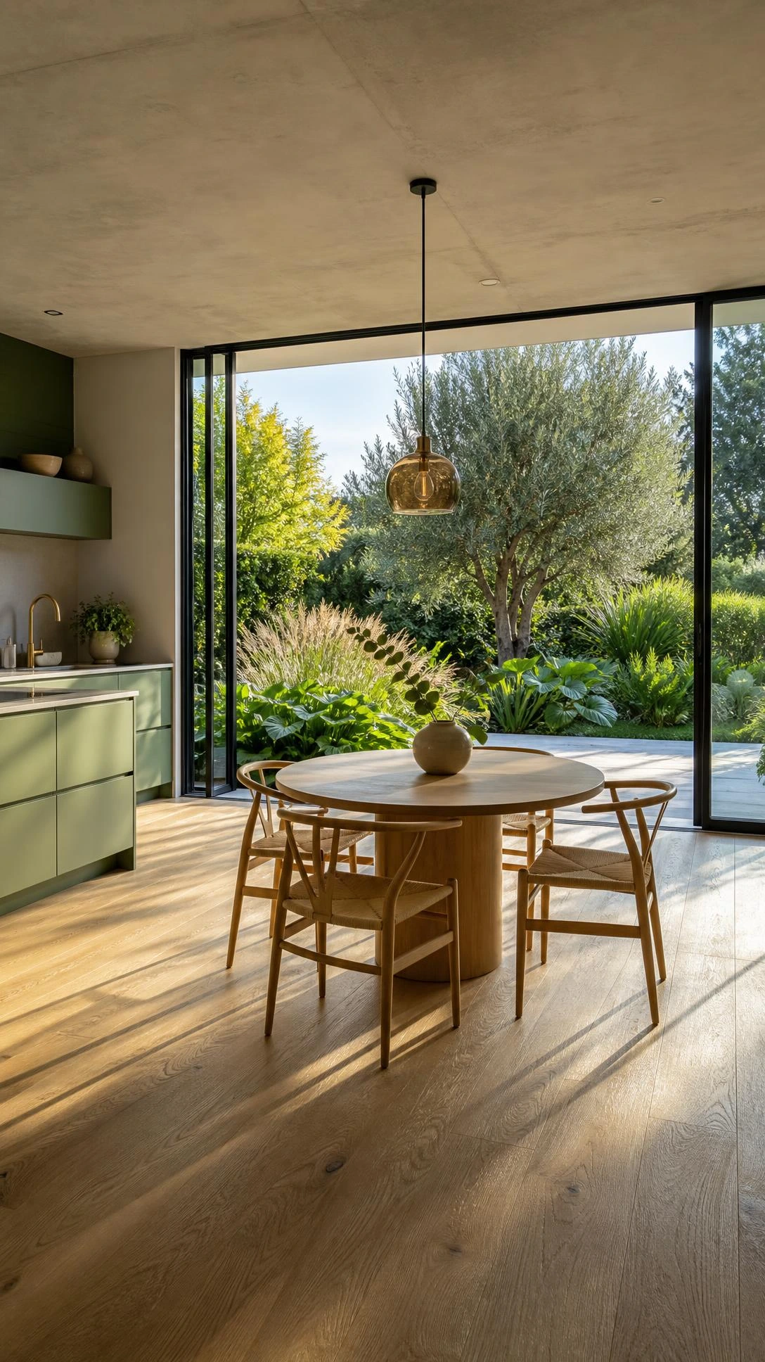 Open kitchen dining room with floor-to-ceiling frameless glass sliding doors opened to a lush garden, flooded with golden afternoon light on light oak floors