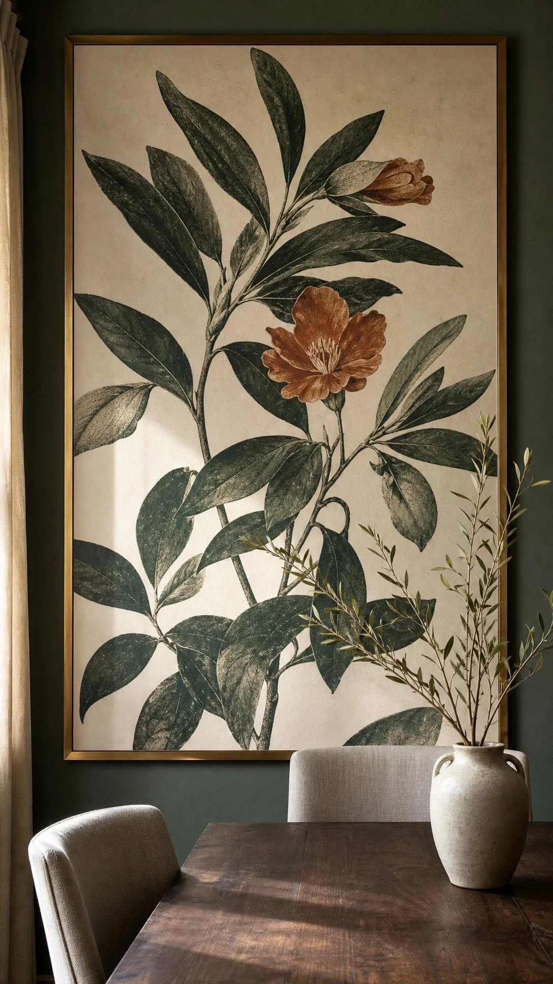 Oversized botanical art print in deep forest green and warm ivory mounted centered on dining room wall, creating a bold single-statement gallery wall focal point