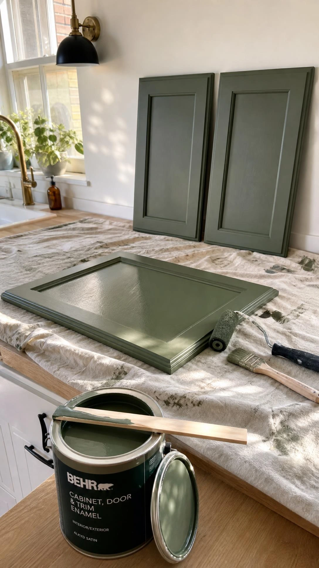 Freshly painted cabinet door drying on a drop-cloth countertop beside a foam roller and angled brush, showing alkyd paint's smooth satin finish mid-project