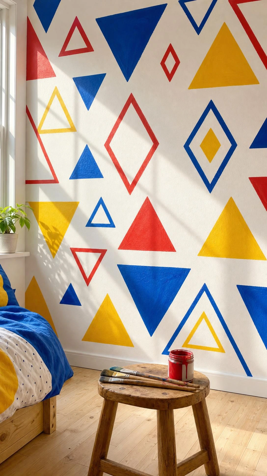 Hand-painted geometric pattern of bold cobalt, yellow, and red interlocking triangles covering a kids' bedroom wall — a budget-friendly kids room artwork idea with crisp, professional results