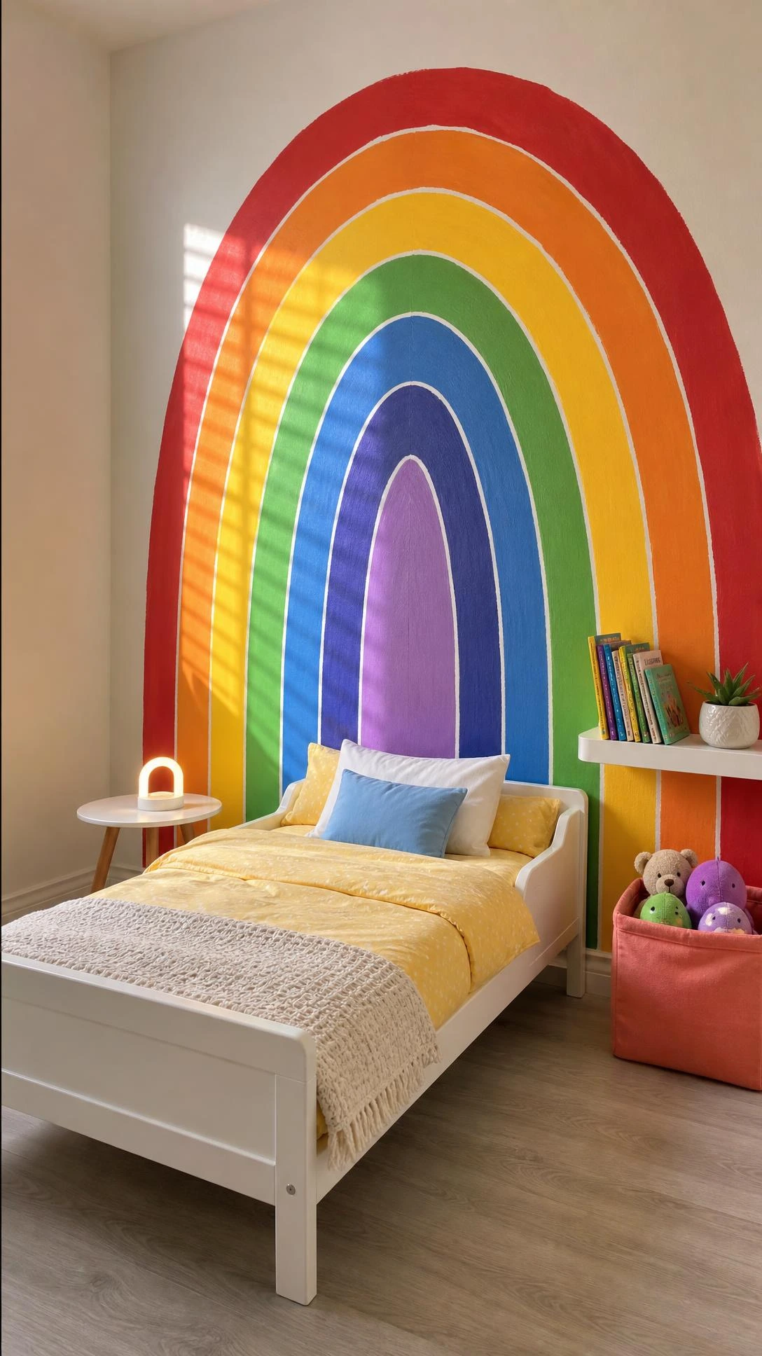 Hand-painted rainbow feature wall with bold arched stripes in a small toddler bedroom, maximizing visual height without taking up floor space