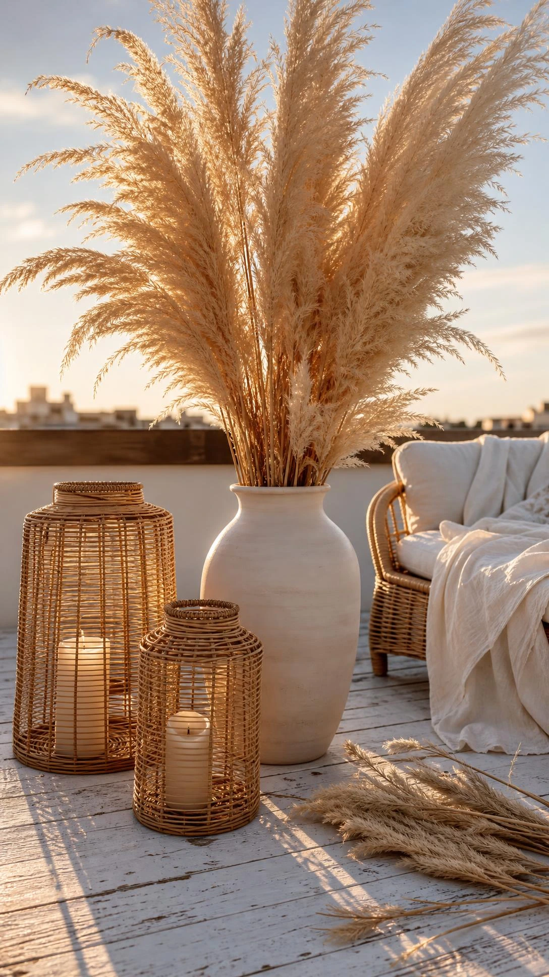 Tall dried pampas grass in a matte cream ceramic vase styled on a sun-drenched rooftop terrace with wicker lanterns for a bohemian summer look