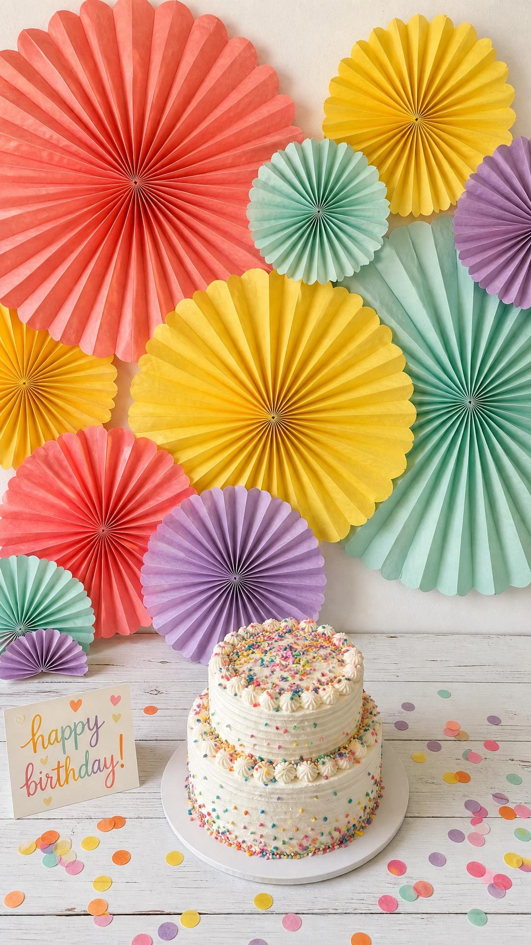Overhead flat lay of a kids' birthday cake table with a handmade paper fan backdrop in coral, yellow, mint, and lavender arranged in a sunburst pattern