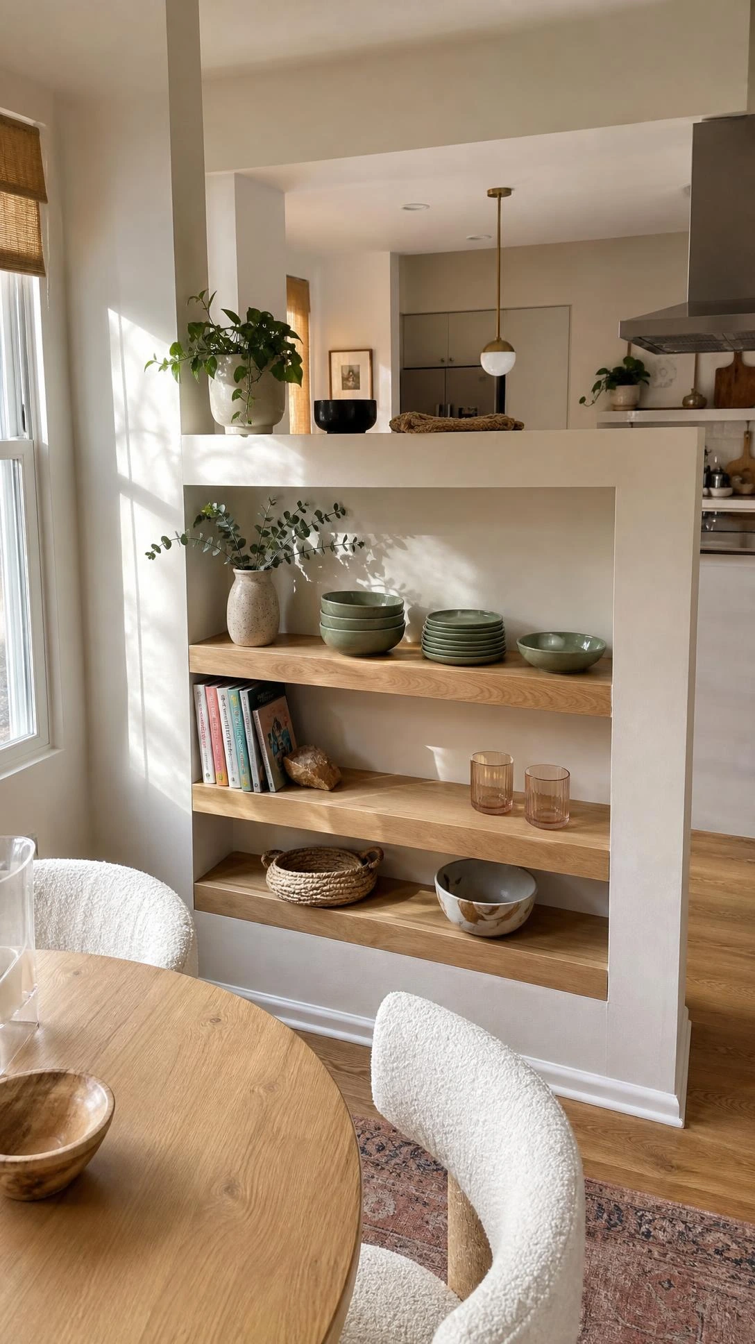 Partial partition wall with built-in open shelving divides an open kitchen dining room, painted soft warm white and rising two-thirds to the ceiling