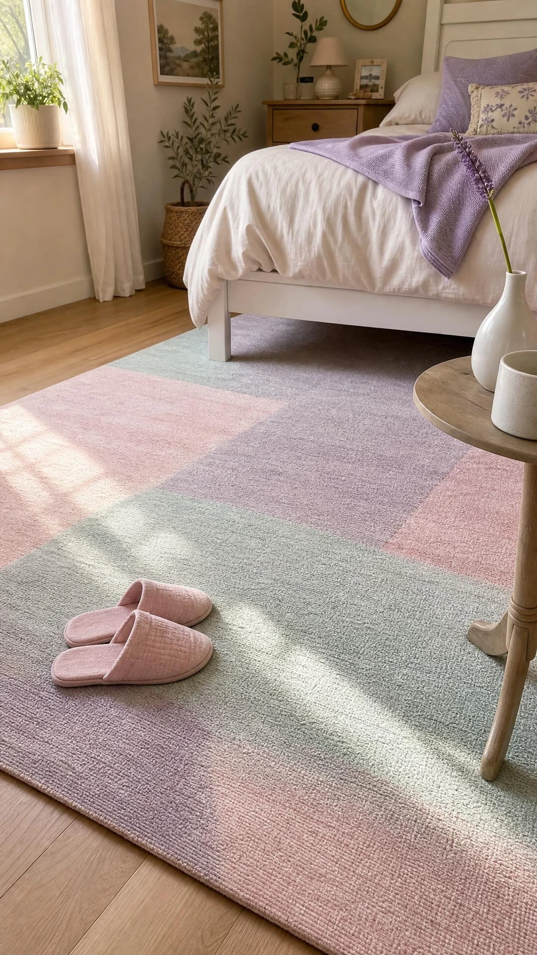 Plush pastel area rug in blush pink, lavender, and mint anchoring a cozy bedroom with light oak hardwood floors