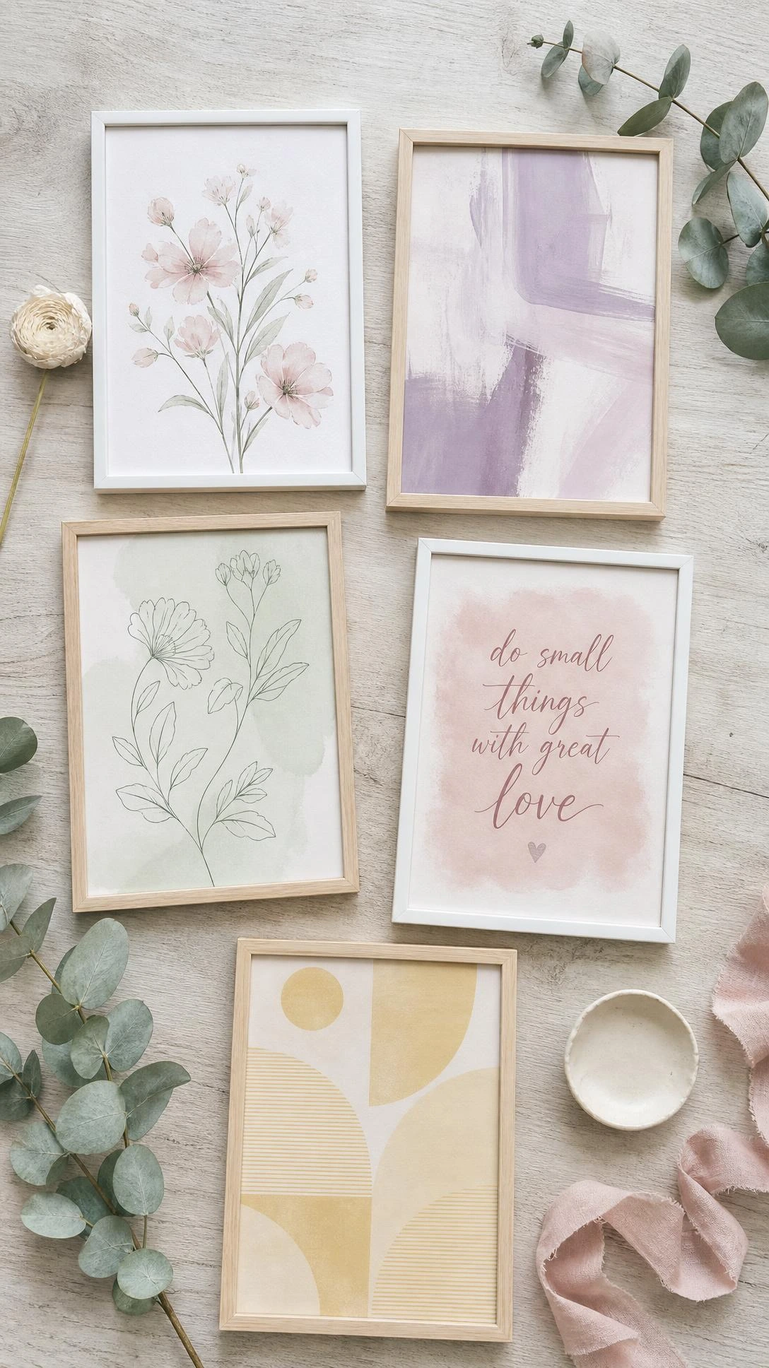 Five framed pastel art prints flat-laid on whitewashed wood, featuring blush botanicals, lavender abstracts, and mint line art for a pastel room aesthetic