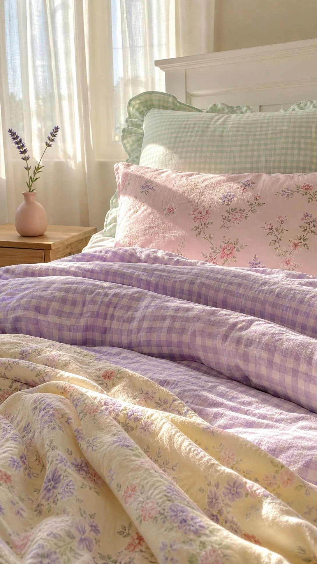Pastel bedroom with lavender gingham duvet and floral pillows stacked against headboard, shot from mattress level to highlight dreamy bedding layers