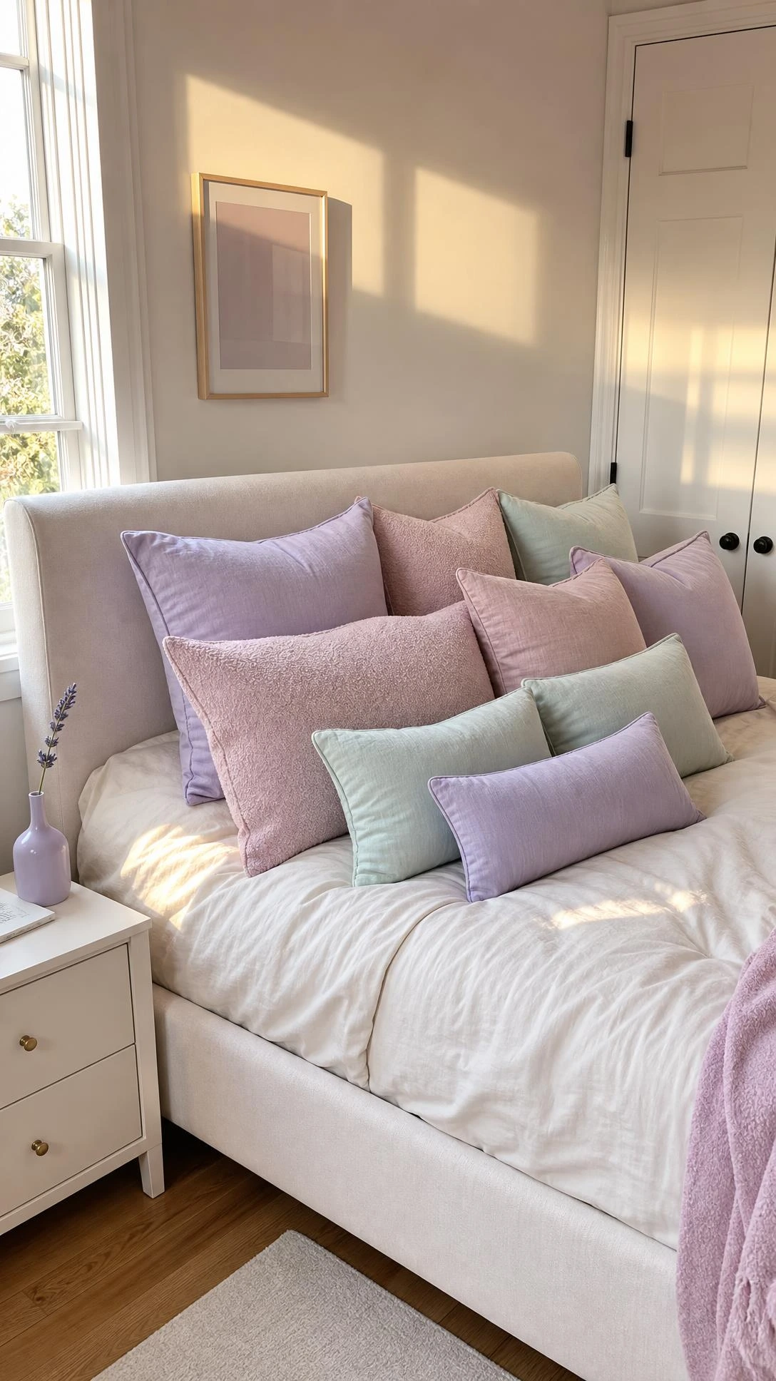Linen bed frame styled with buttery lavender, dusty rose, and pale mint pastel throw pillows in a soft lived-in bedroom corner