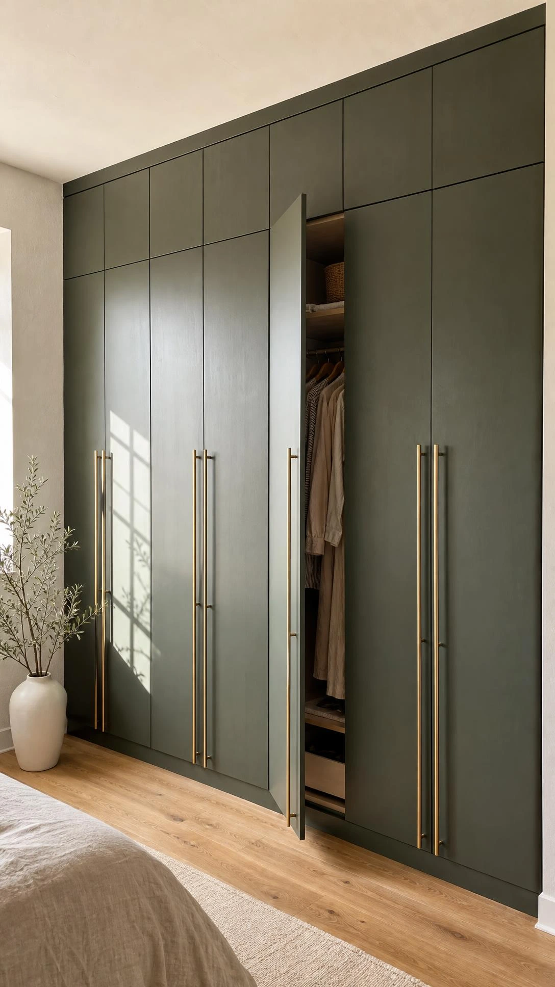 Floor-to-ceiling PAX wardrobe with custom dusty sage green flat-front doors and upgraded hardware, built into a bedroom wall like a high-end fitted closet