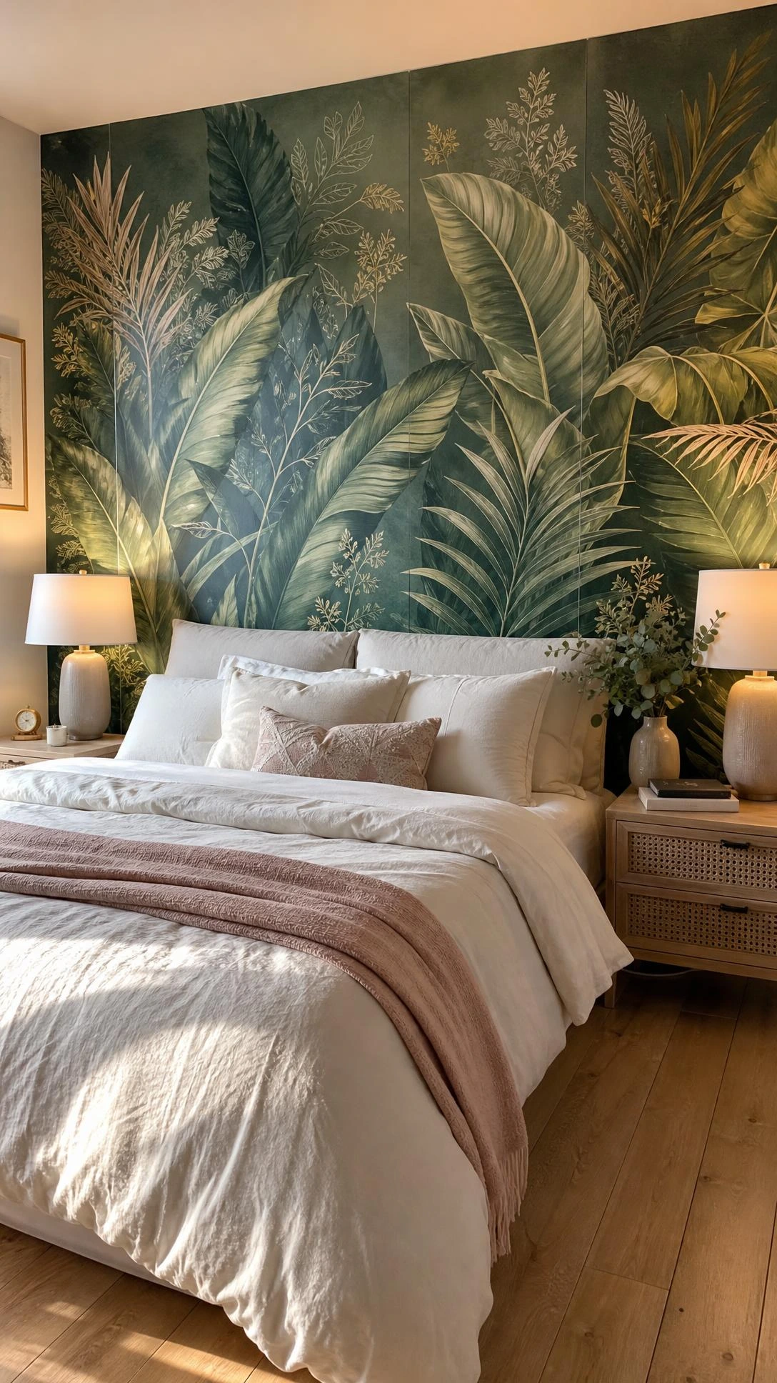 Peel and stick botanical mural covering full bedroom wall floor to ceiling with oversized tropical leaves in forest green, sage, and olive tones behind a neatly made bed