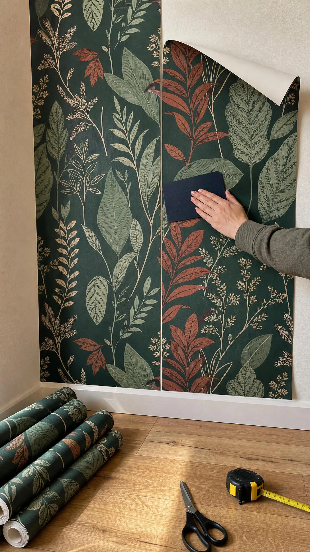 Hands smoothing a jewel-toned botanical peel and stick wallpaper panel onto a wall, mid-application in warm natural light