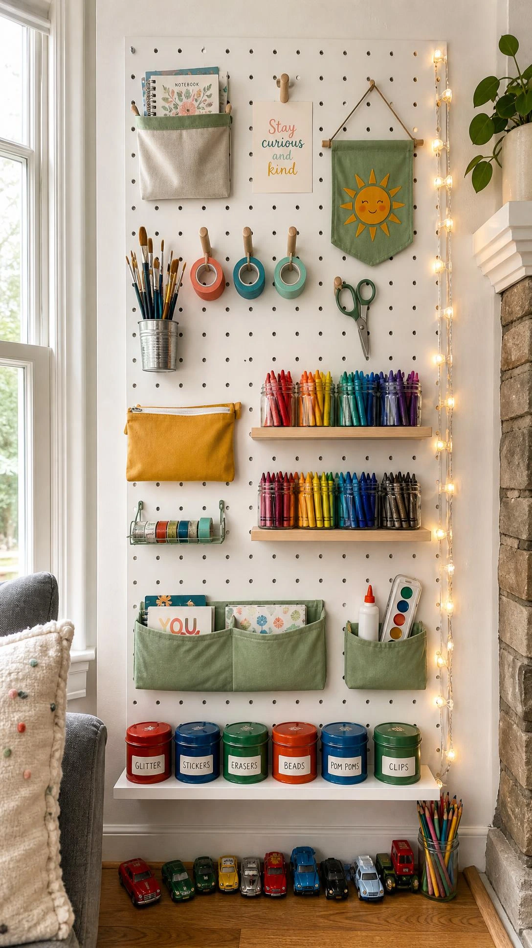 Tall white pegboard panel mounted in a living room corner with wooden pegs, wire ledges, and hooks holding art supplies and small toys, keeping clutter off the floor