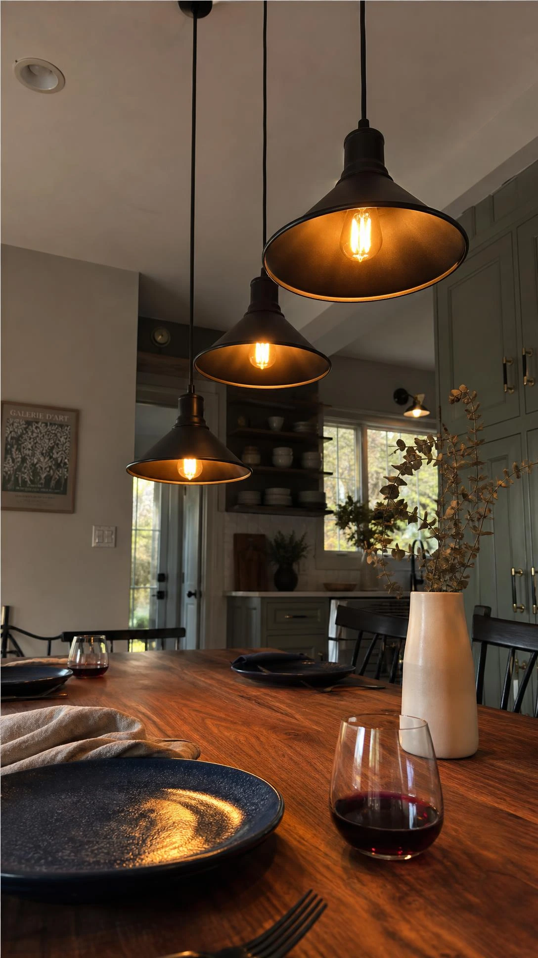 Three staggered matte black cone pendant lights casting warm amber glow over a live-edge walnut dining table in an open kitchen dining room