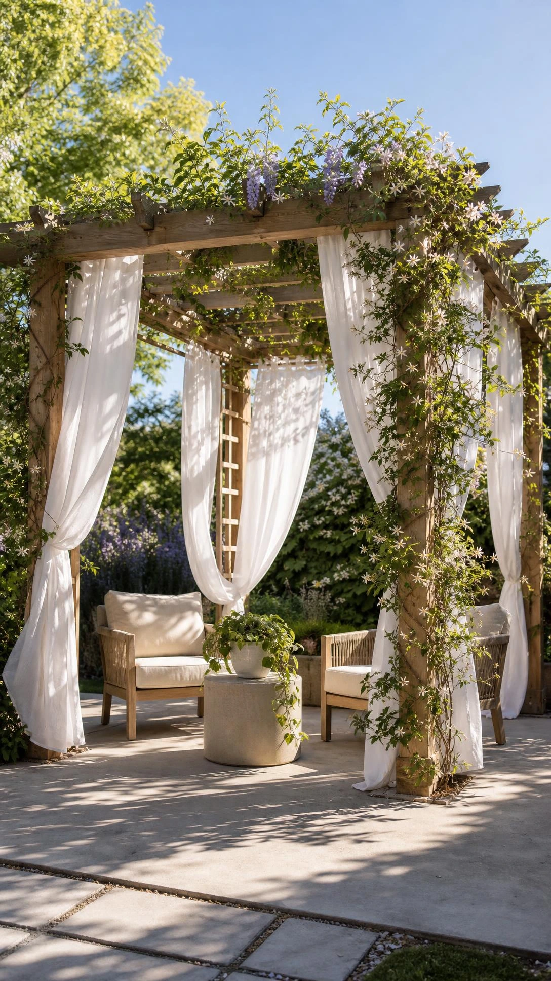 Sunlit backyard pergola with flowing white linen curtains billowing from wooden beams, creating a private outdoor room on a concrete patio