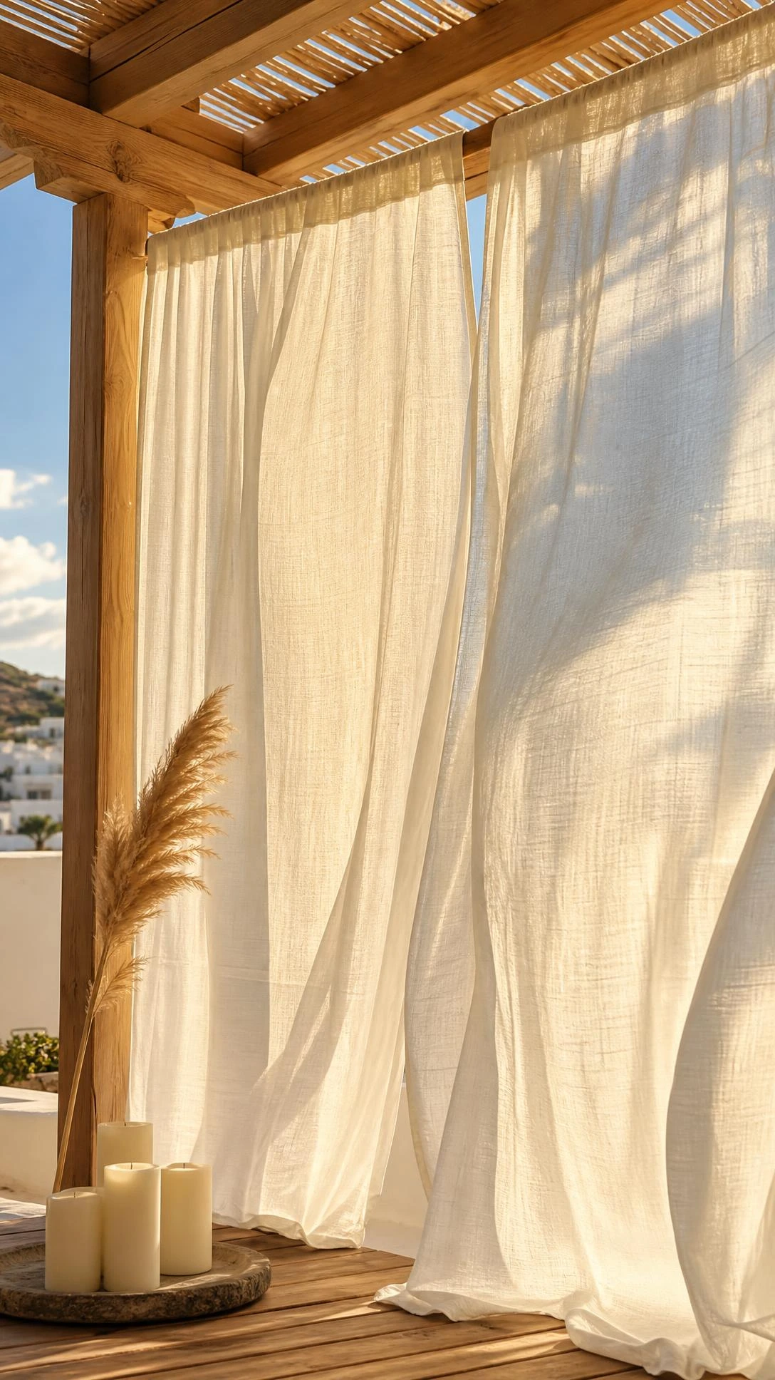 Sheer white linen drapes billowing from a warm oak pergola on a sun-drenched rooftop terrace, with golden afternoon light filtering through the fabric