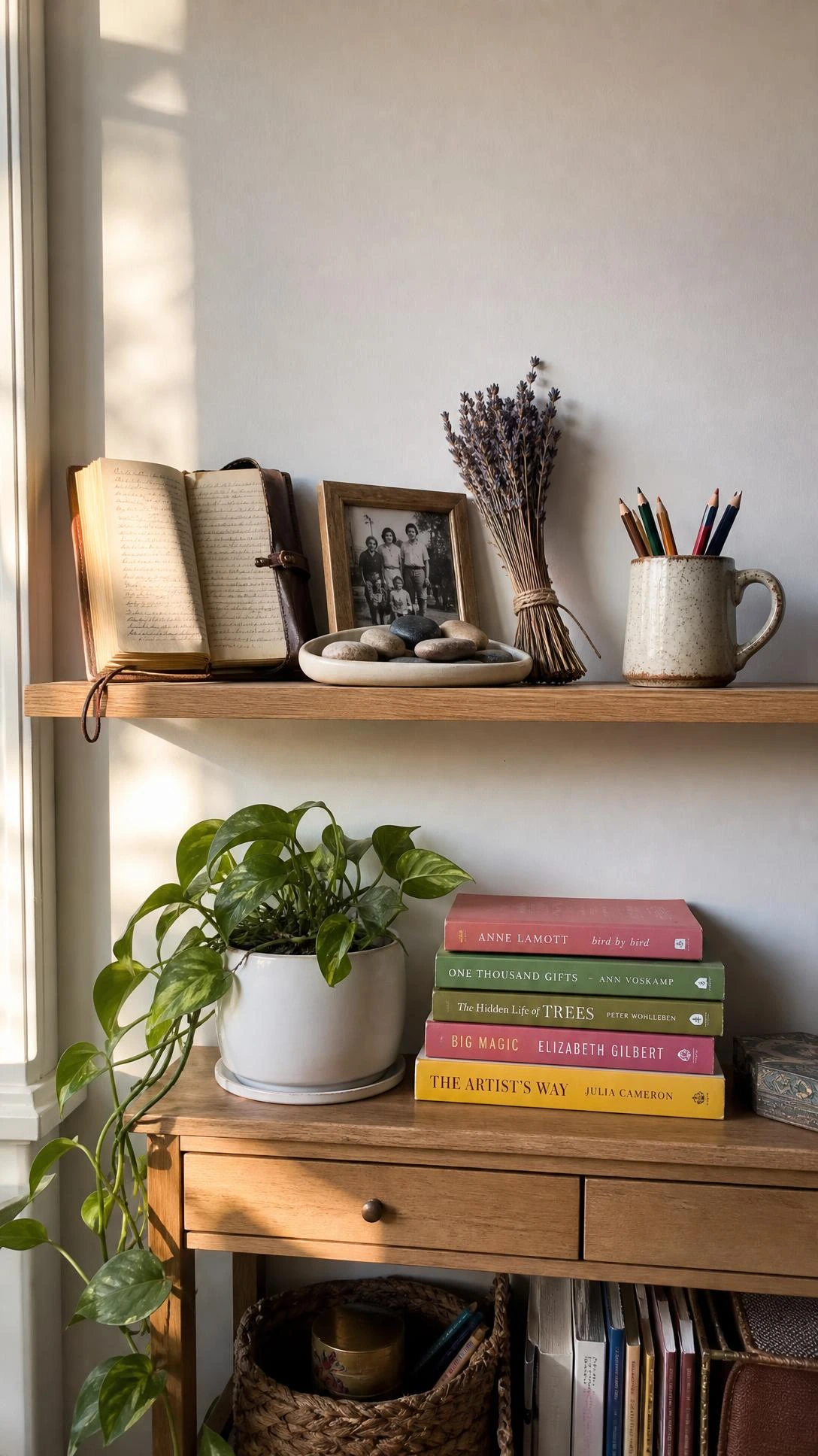 Warm living room corner with personal items displayed on a light oak floating shelf, including a worn leather journal and small framed photo, showing how meaningful objects create personality