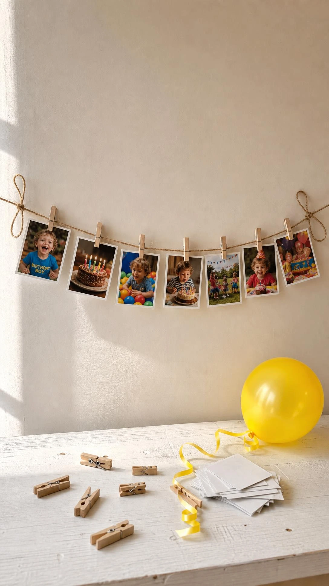 DIY photo garland with childhood photos clipped to jute twine using mini wooden clothespins, creating a personal birthday party backdrop kids will love