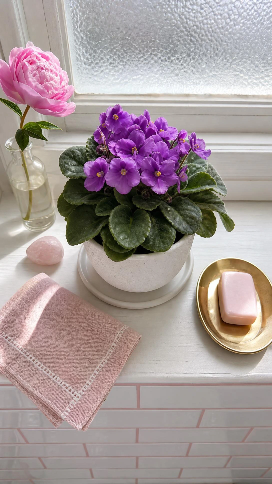 Overhead flat lay of a blooming African violet with vivid purple-pink blossoms in a matte white speckled pot on a sunlit white wooden bathroom windowsill