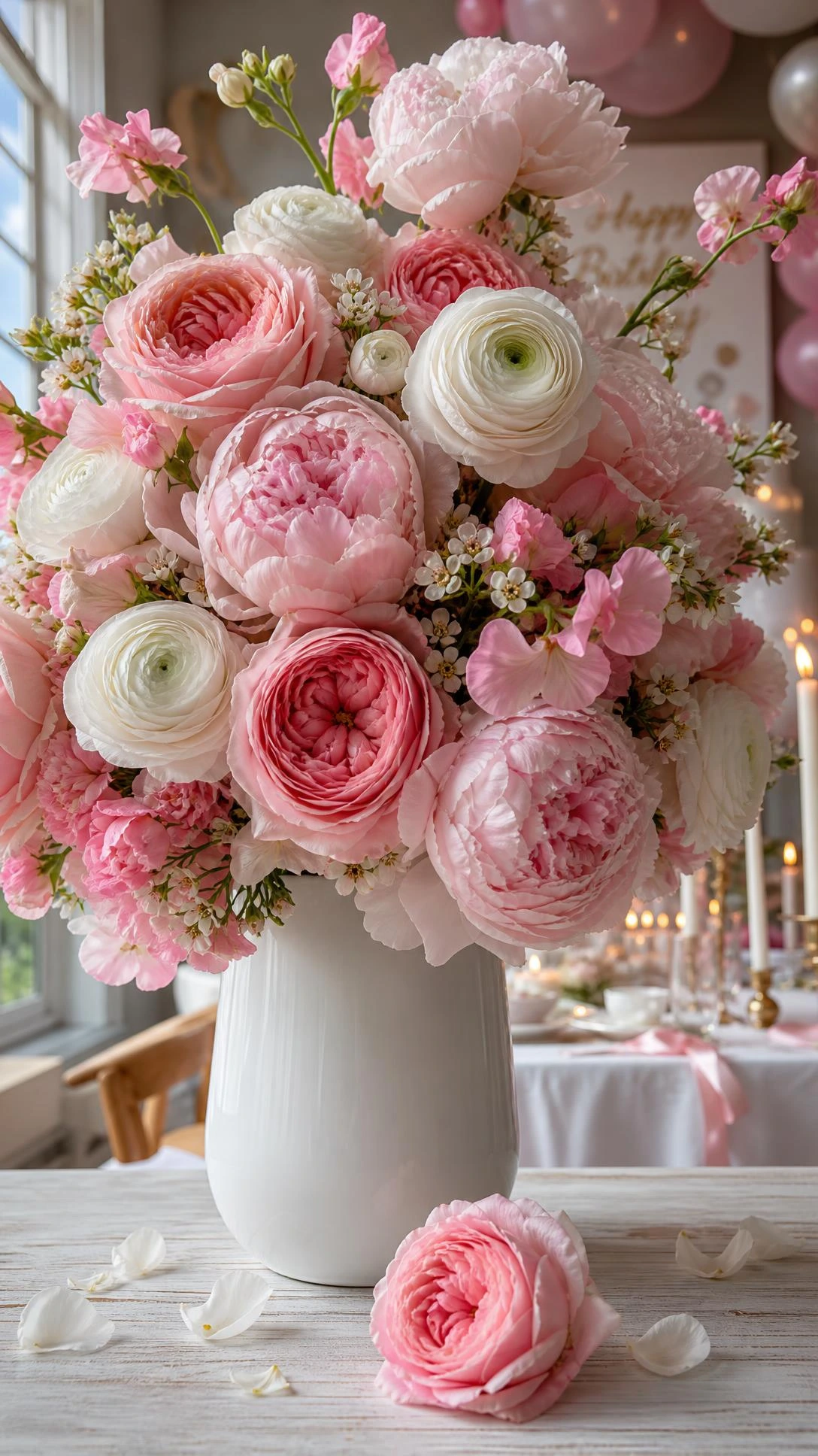 Lush pink floral centerpiece with blush garden roses, pale pink peonies, and white ranunculus blooms photographed from dramatic low-angle table level view