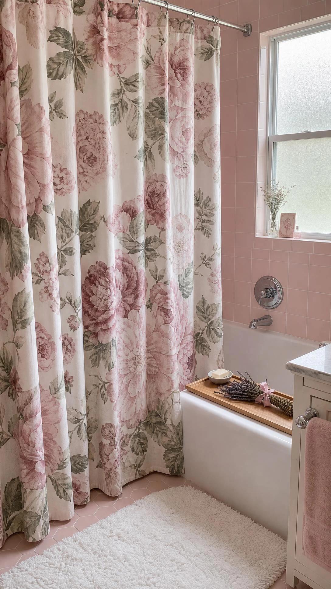 Dreamy pink bathroom with a lush floral shower curtain featuring oversized blush roses cascading to the floor on a polished chrome rod