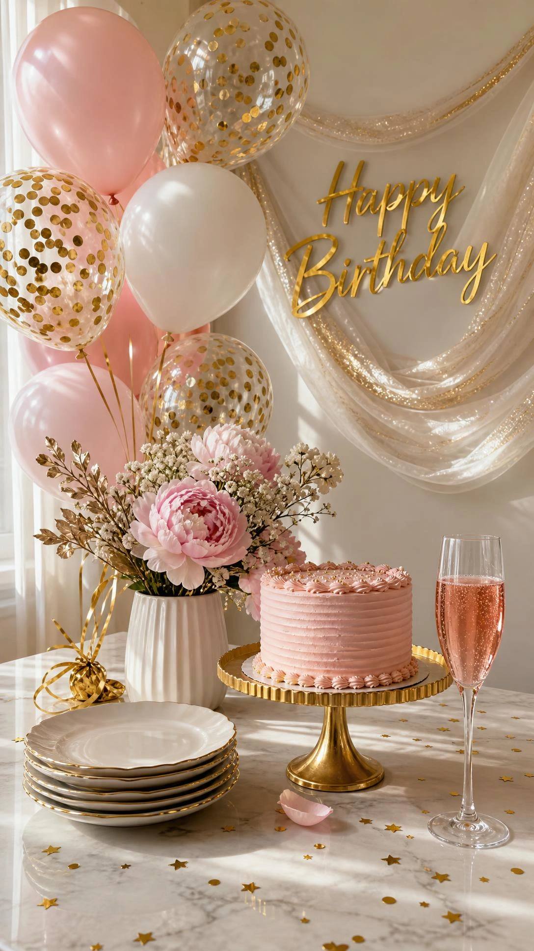Pink gold and white birthday table vignette with rimmed white plates, a blush mini cake on a fluted gold stand, and marble surface styling