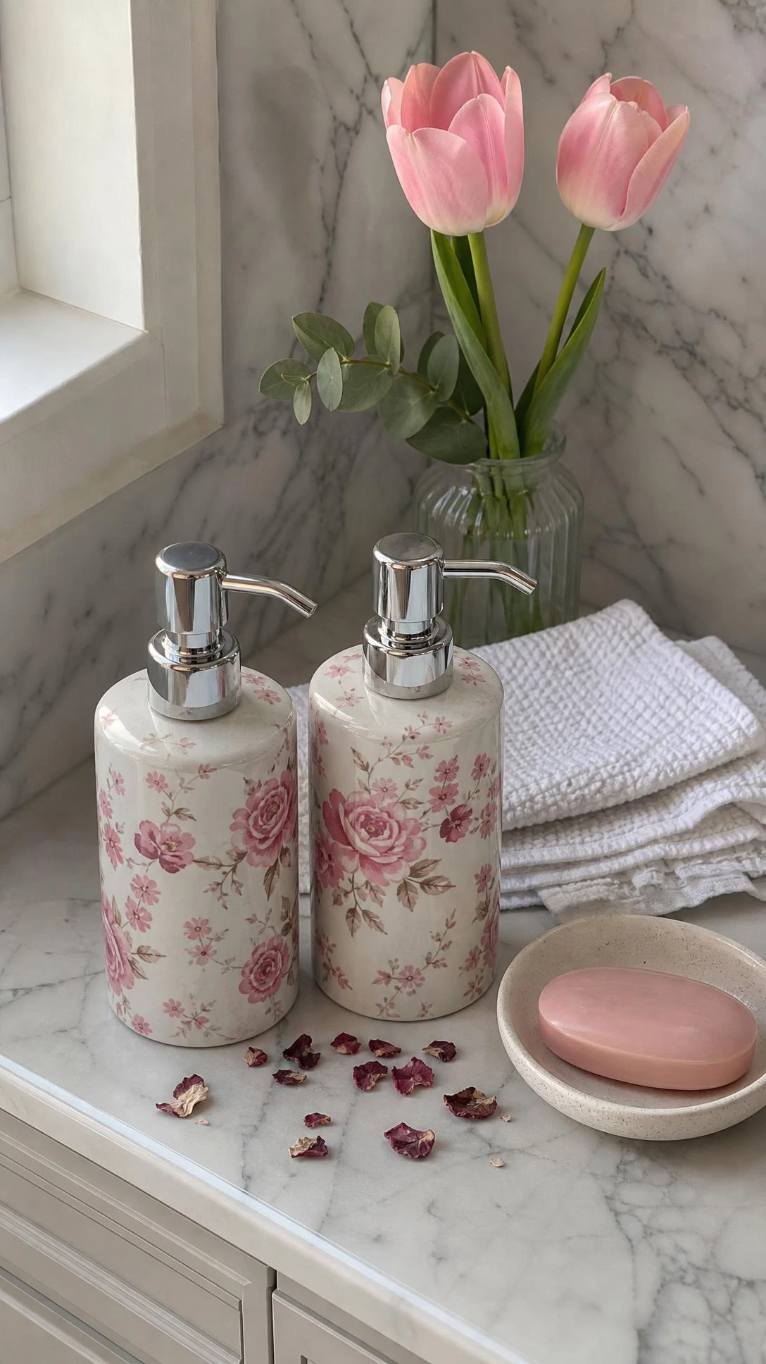 Matching pink floral pump dispensers for hand soap and lotion styled on a bathroom shelf, elevating the pink bathroom aesthetic with ceramic detail