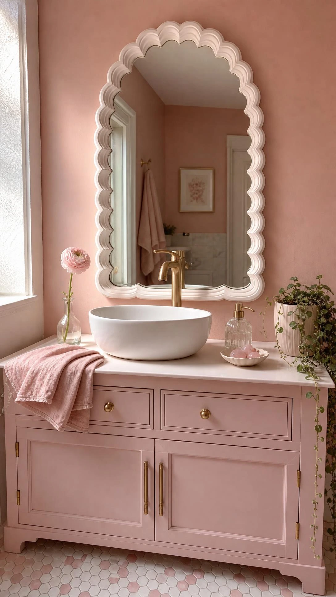 Large scallop arch mirror with carved shell-frame curves mounted on blush wall above dusty rose vanity in a pink bathroom aesthetic