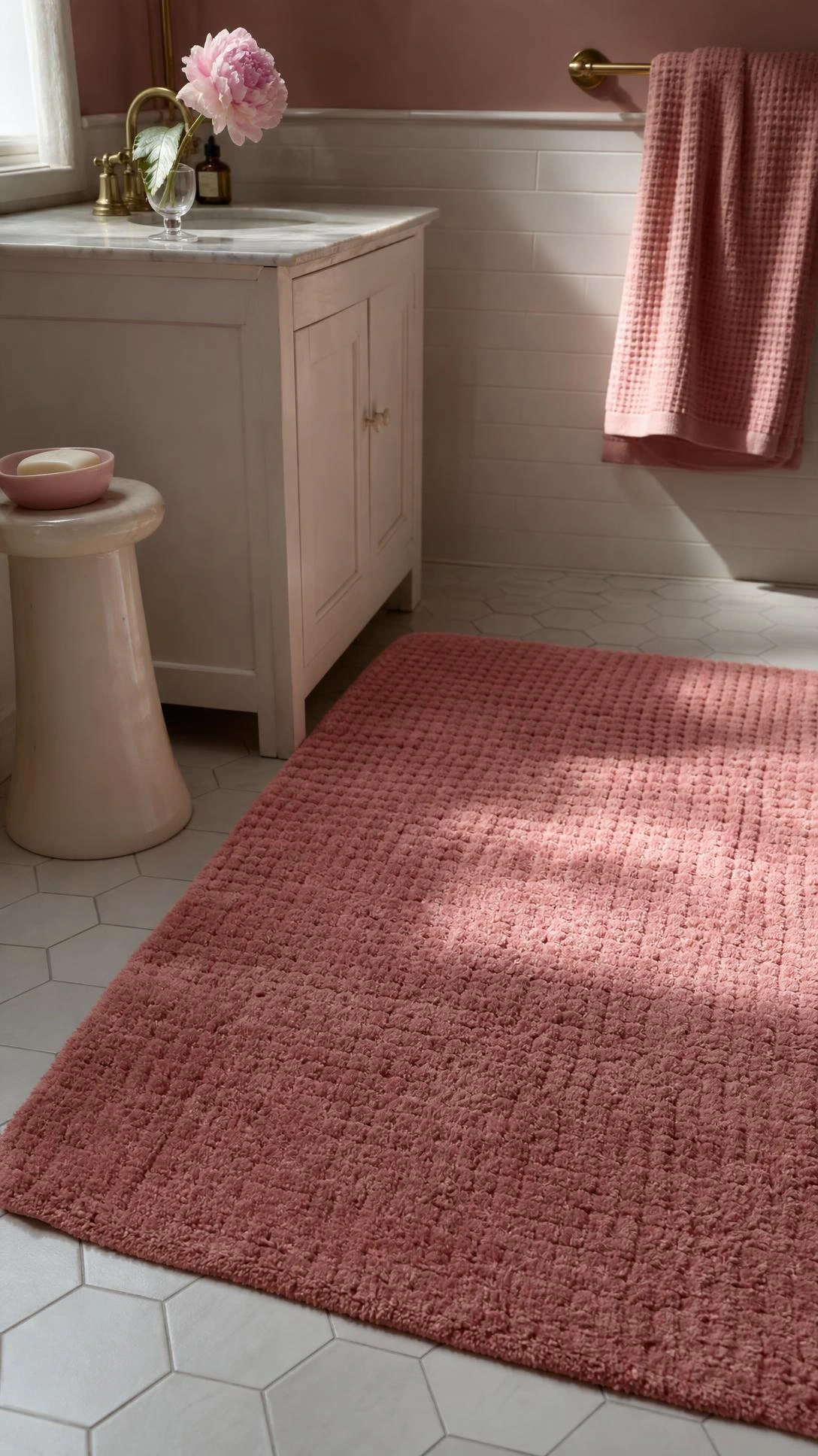 Deep rose-blush pink bath rug with dense loop-pile texture centered on a warmly lit bathroom floor, anchoring a soft pink bathroom aesthetic