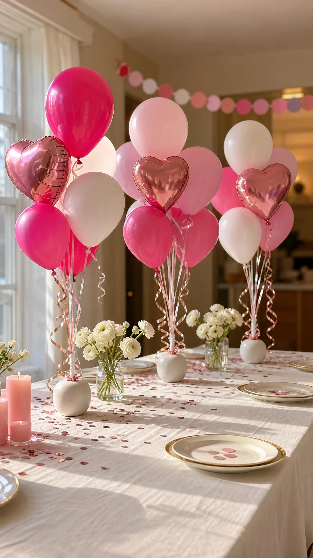Three pink and white balloon bouquet centerpieces on a white-clothed birthday table, styled in warm natural light for an elegant party setup