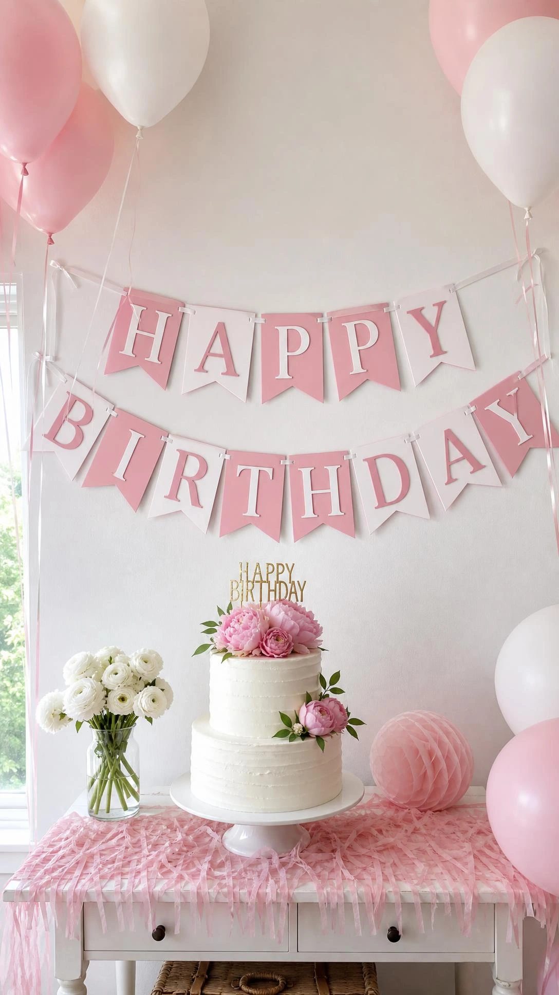 Pink and white birthday banner with matte cardstock letters strung across a bright festive party setup, tying the whole celebration together
