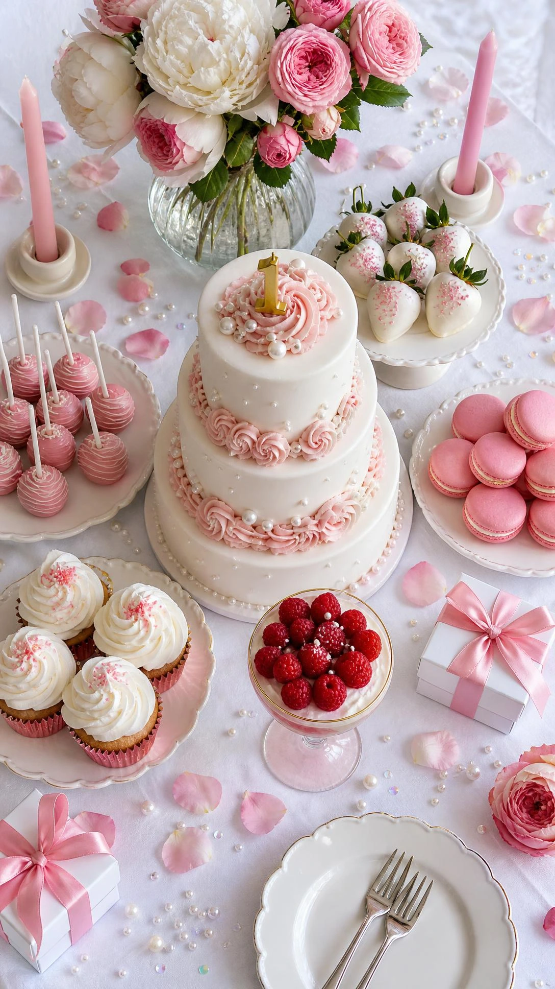 Overhead flat lay of a pink and white birthday dessert table with a three-tiered fondant cake topped with blush rosettes, rose petals, and pearl confetti