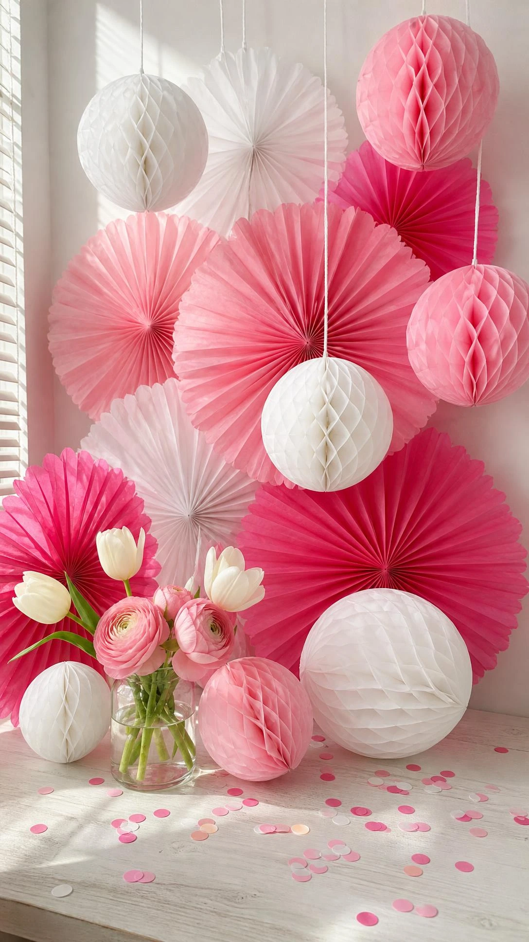 Blush to hot pink paper fans and white honeycomb balls clustered on a wooden table for a pink and white birthday party backdrop