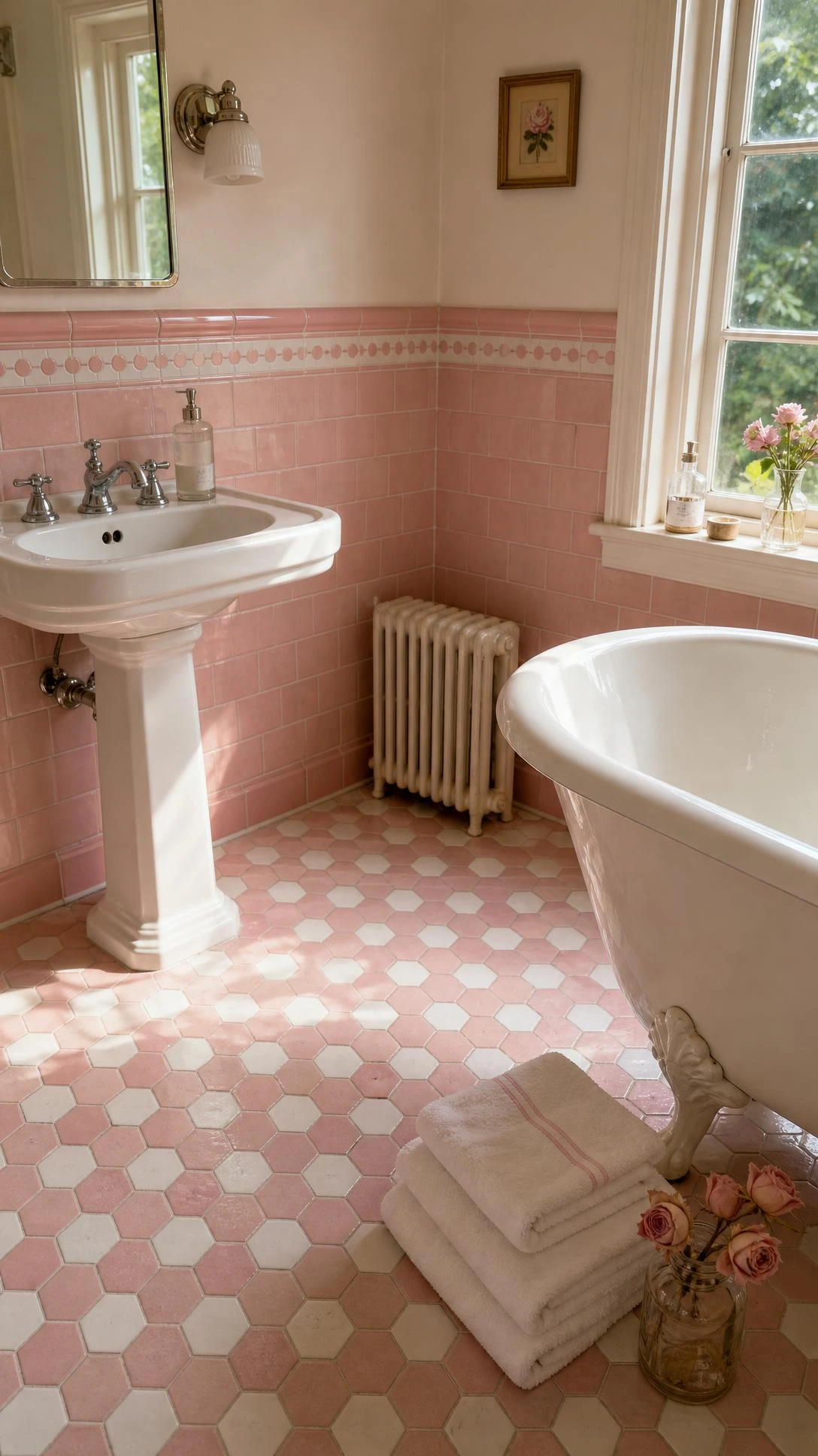 Vintage pink and white hex tile floor and lower wall in soft blush and crisp white, shot from above with warm window light highlighting the classic checkerboard pattern